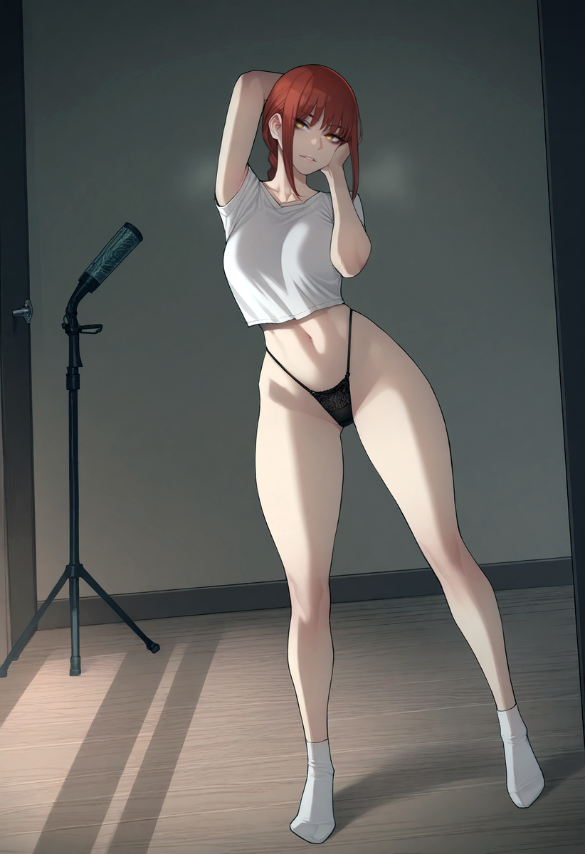 1girls, ai generated, black panties, chainsaw man, female, female focus, female only, full body, looking at viewer, makima (chainsaw man), panties, red hair, shirt and panties, solo, t-shirt, white shirt, yellow eyes, zloimakak