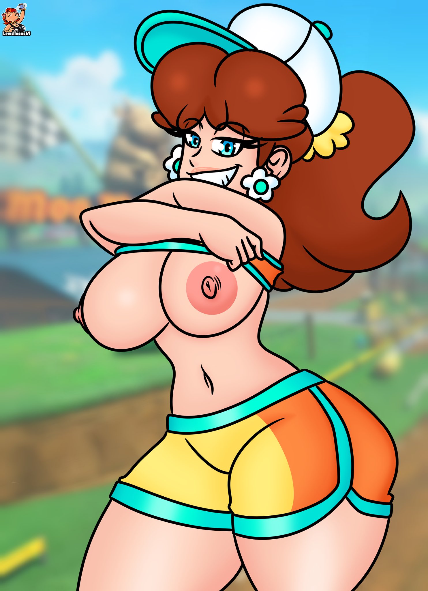 1girls, areolae, big breasts, blue eyes, bottomwear, breasts, breasts out, brown hair, ear piercing, earrings, erect nipples, exposed breasts, female, female only, flashing, flower earrings, hair, half-closed eyes, hat, headwear, huge breasts, lewdtoons, lifted by self, lifting own clothes, mario (series), mario kart, mario kart world, naughty face, nintendo, nipples, official alternate costume, presenting breasts, princess daisy, princess daisy (swimwear), seductive, seductive look, seductive smile, smile, solo, solo female, suckable nipples, swimwear, thighs, topwear