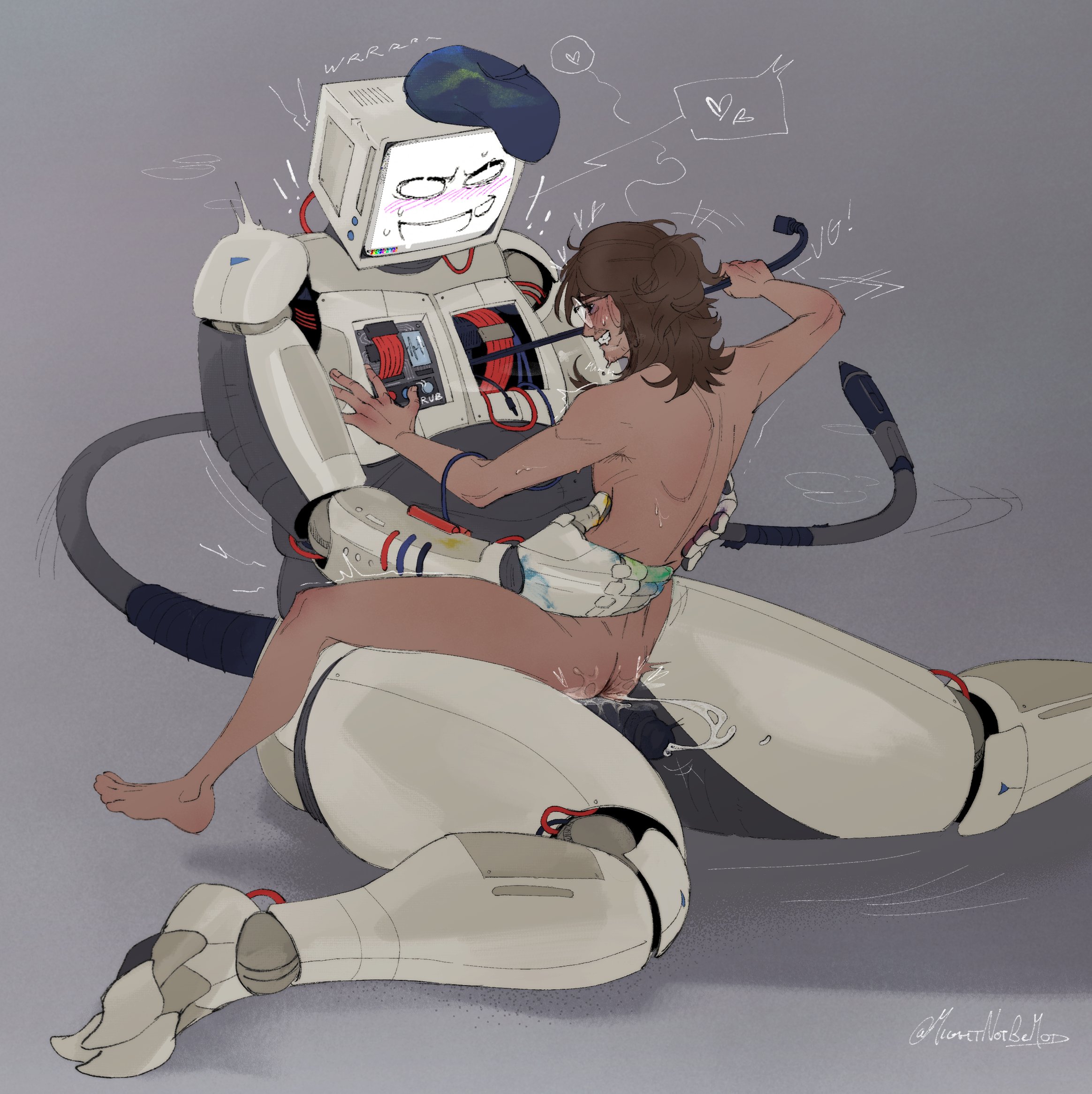 1human, 1robot, 2025, 2boys, 2d, 2d (artwork), 2d artwork, 2male, after anal, after anal penetration, after sex, android, android boy, beret, blue beret, blush, blushing male, brown hair, circle glasses, circular glasses, clawed toes, cock, color, colored, commission, commission art, computer, computer head, computer screen, digital, digital art, digital drawing, digital drawing (artwork), digital media, digital media (artwork), duo, duo focus, duo male, gay, gay sex, genital fluids, genitals, glasses, human, human male, human/robot, humanoid robot, male, male human, male on male, male only, male robot, male/male, medium hair, mightnotbemod, motion lines, naked, naked male, nude, object head, oc, oc character, oc x canon, ocxcanon, on ground, original character, p.ai.nter (pressure), paint splatter, penis, ponytail, pressure (roblox), pulling wires, roblox, roblox game, robot, robot boy, robot humanoid, robot male, robot on human, robot penis, round glasses, screen face, short ponytail, sweat, sweatdrop, tail, touching another, twitter link, unusual tail, watermark, wire, wire play, wire pulling, wireplay, wires, yaoi