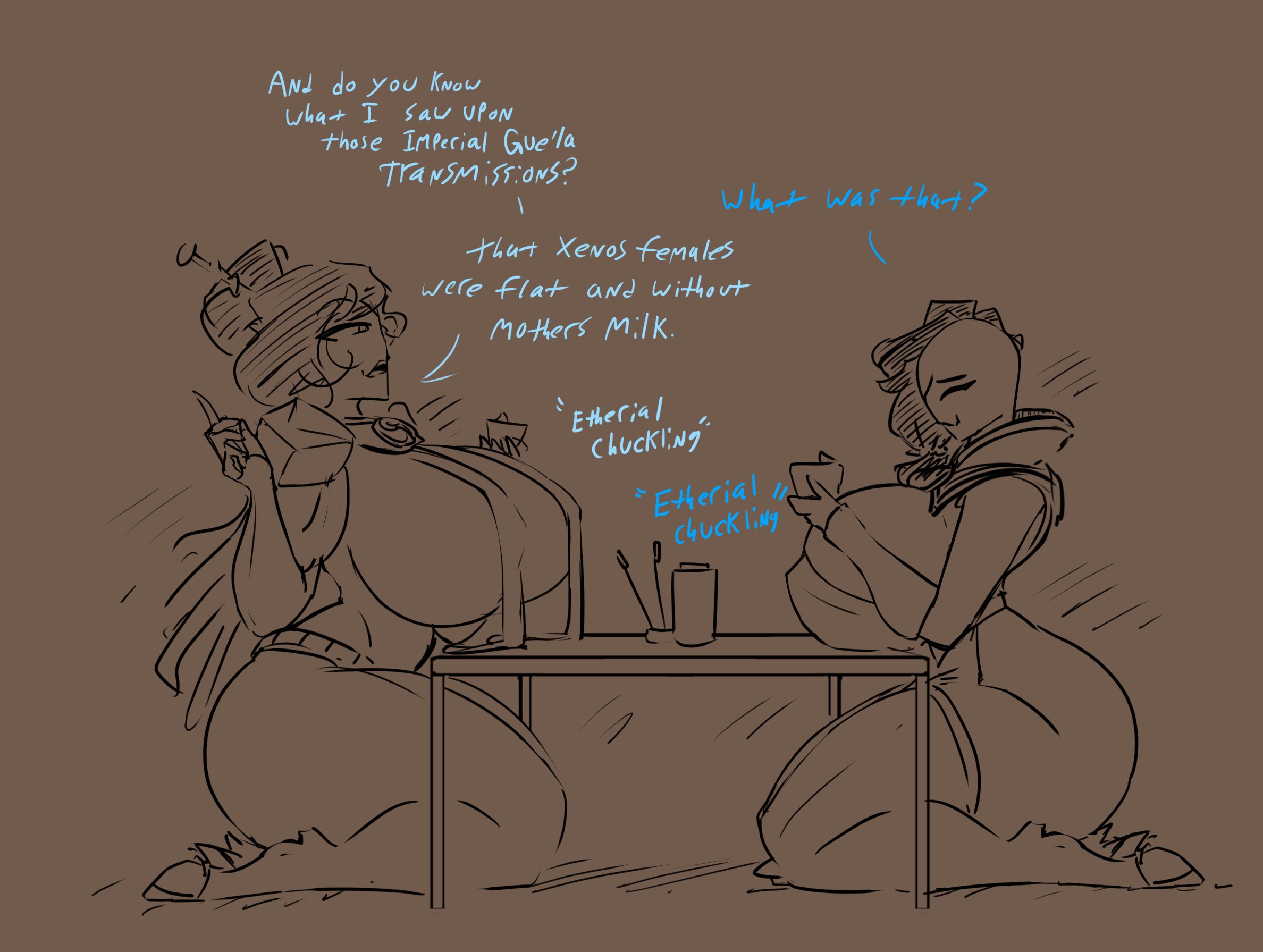 2girls, 4 fingers, alien, alien girl, alien humanoid, asian clothing, ass, big ass, big breasts, breasts, breasts bigger than head, chuckling, cup, drinking, drinking tea, english, english text, ethereal (warhammer), fancy clothing, female, giggling, hooves, jakearmorsmith, japanese clothes, laughing, revealing, revealing clothes, sitting, sitting on knees, skimpy, skimpy clothes, table, tau, tea, text, thick thighs, warhammer (franchise), warhammer 40k, wide hips