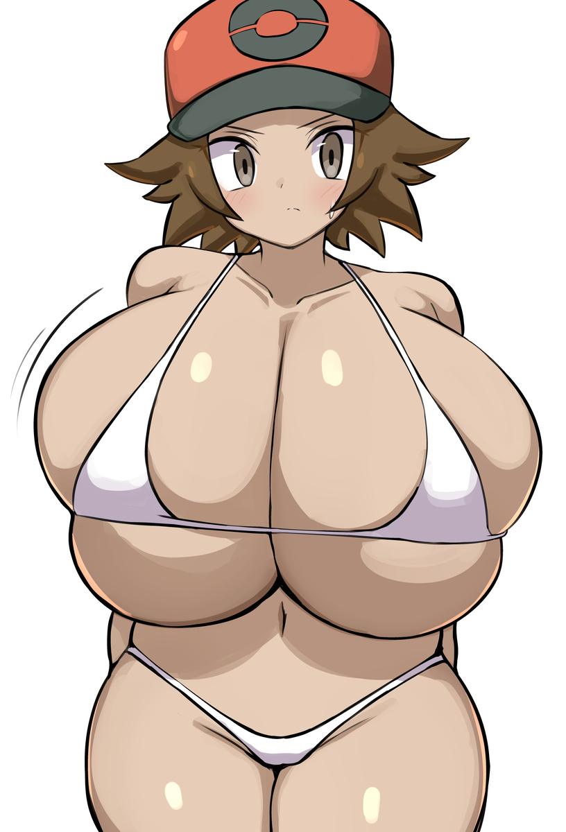1girls, alternate breast size, amber eyes, big breasts, blush, breasts, breasts bigger than head, brown eyes, brown hair, clothing, female, female only, game freak, hilbert (pokemon), huge breasts, jaga334, long hair, looking at viewer, nintendo, pokemon, pokemon bw, rule 63, simple background