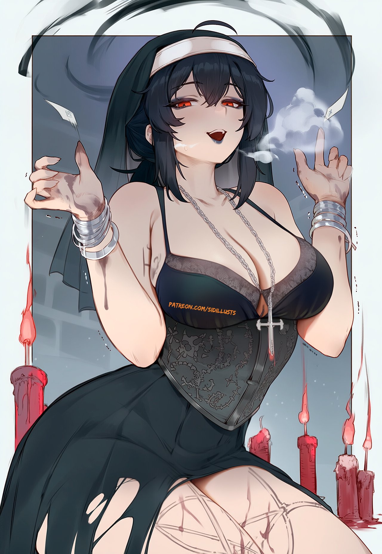1girls, 2025, 2d, ai generated, astra yao, black hair, breasts, candle, clothed, clothing, female, female only, goth, goth girl, halloween, hi res, hoyoverse, looking at viewer, looking down, mihoyo, open mouth, patreon username, red eyes, sidillusts, simple background, skirt, solo, thick thighs, thighs, torn clothes, zenless zone zero