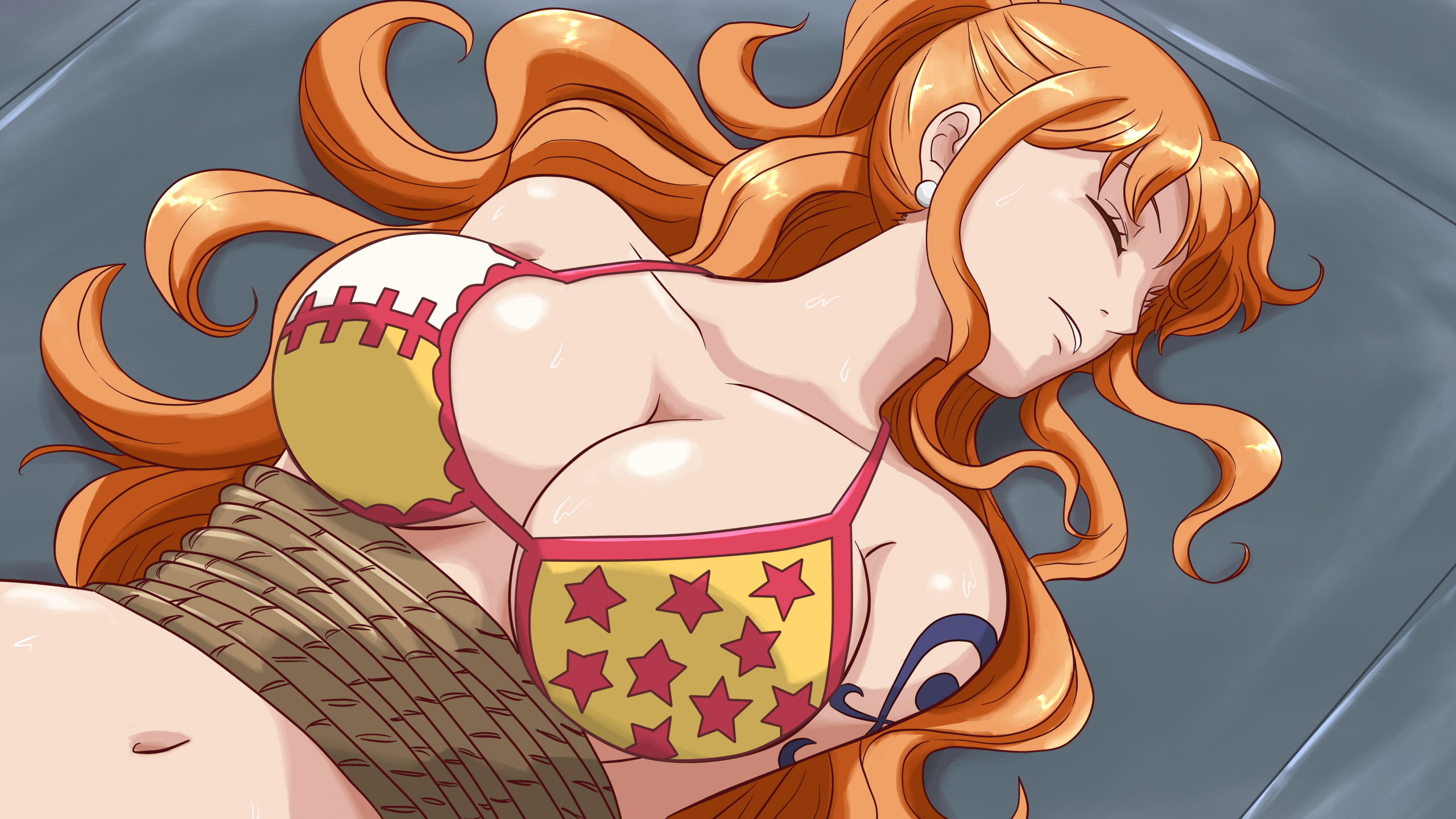 1girls, arm tattoo, arms behind back, bikini, bikini top, blue tattoo, bondage, closed eyes, clothing, female, female focus, female only, light skin, light-skinned female, long hair, nami (one piece), on back, one piece, orange hair, orange-haired female, punk hazard, solo, tattoo, tattooed arm, tied up, whitehe-arts