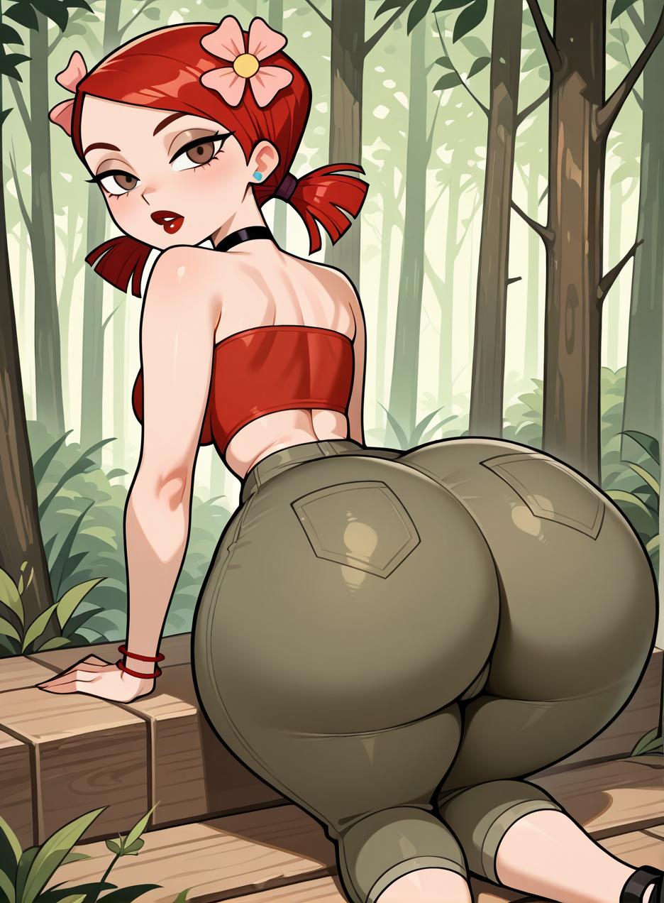 ai_generated ass ass_focus bare_shoulders black_choker bracelet breasts brown_eyes choker crop_top earrings female flower forest from_behind green_pants hair_flower hair_ornament huge_ass jewelry lipstick looking_at_viewer looking_back makeup medium_hair nature outdoors pants patreon_username red_hair red_lips short_twintails solo strapless stud_earrings thick_thighs tree tube_top twintails wide_hips zoey_(tdi)