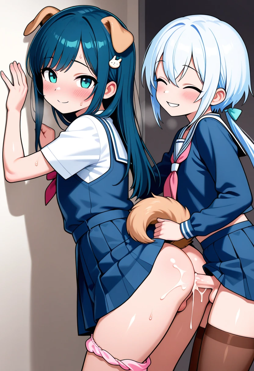 1femboy, 2boys, ai generated, anal, androgynous, aqua eyes, artist request, ass, bangs, blue dress, blue hair, blush, brown legwear, closed eyes, crossdressing, cum, cum in ass, cum on ass, cum string, dress, femboy, femboy on femboy, feminine body, feminine male, gay, girly, hand on wall, josou seme, looking at viewer, male, male only, multiple boys, multiple males, original character, original characters, otoko no ko, otokonoko, panties, panties around one leg, pantyshot, penis, pink panties, pleated dress, school uniform, sex, sex from behind, small penis, smile, solo, standing, standing sex, sweat, trap, trap on trap, two-tones hair, underwear, white hair, yaoi