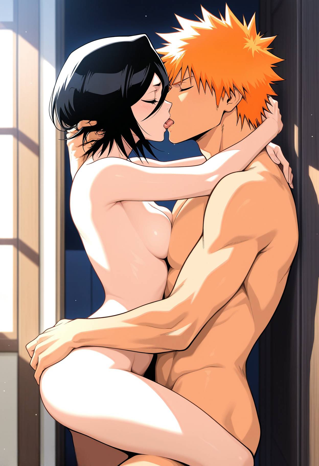 1boy, 1girls, ai generated, black hair, bleach, completely nude, female, ichigo kurosaki, kissing, kuchiki rukia, male, muscular, muscular male, nude, orange hair