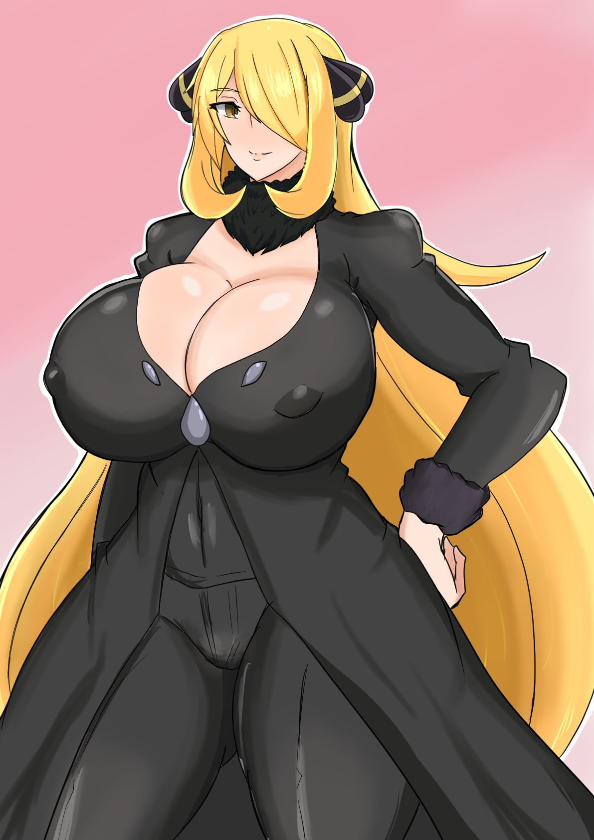 1girls, abs, alternate breast size, alternate eye color, ayamahi, big breasts, big hair, blonde, blonde female, blonde hair, blush, blushing, breasts, breasts bigger than head, bulge, cleavage, clothed, clothes, coat, cynthia (pokemon), erect nipples, erection under clothes, eye contact, female, female only, fit, hair ornament, hair over one eye, half-closed eyes, hand on hips, huge breasts, huge thighs, human, impossible clothes, large breasts, licking lips, light skin, light-skinned female, lips, long hair, looking at viewer, mature female, nintendo, nipple bulge, nipples, pale skin, pale-skinned female, pink background, pokemon, pokemon champion, pokemon dppt, pose, shirt, smile, solo, standing, thick lips, thick thighs, thigh gap, thighs, tight clothing, very long hair, voluptuous, wide hips, yellow eyes