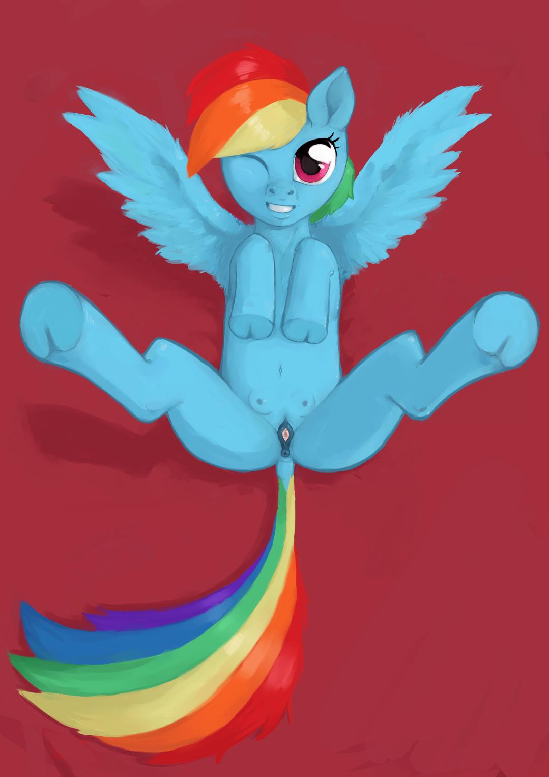 anatomically_correct anus ass crotchboobs equine equine_pussy female friendship_is_magic hair hooves horse looking_at_viewer lying multicolored_hair my_little_pony on_back one_closed_eye pegasus plain_background pony poolhall20 puffy pussy rainbow_dash_(mlp) rainbow_hair small_crotchboobs smile solo spread_legs spreading teeth wings