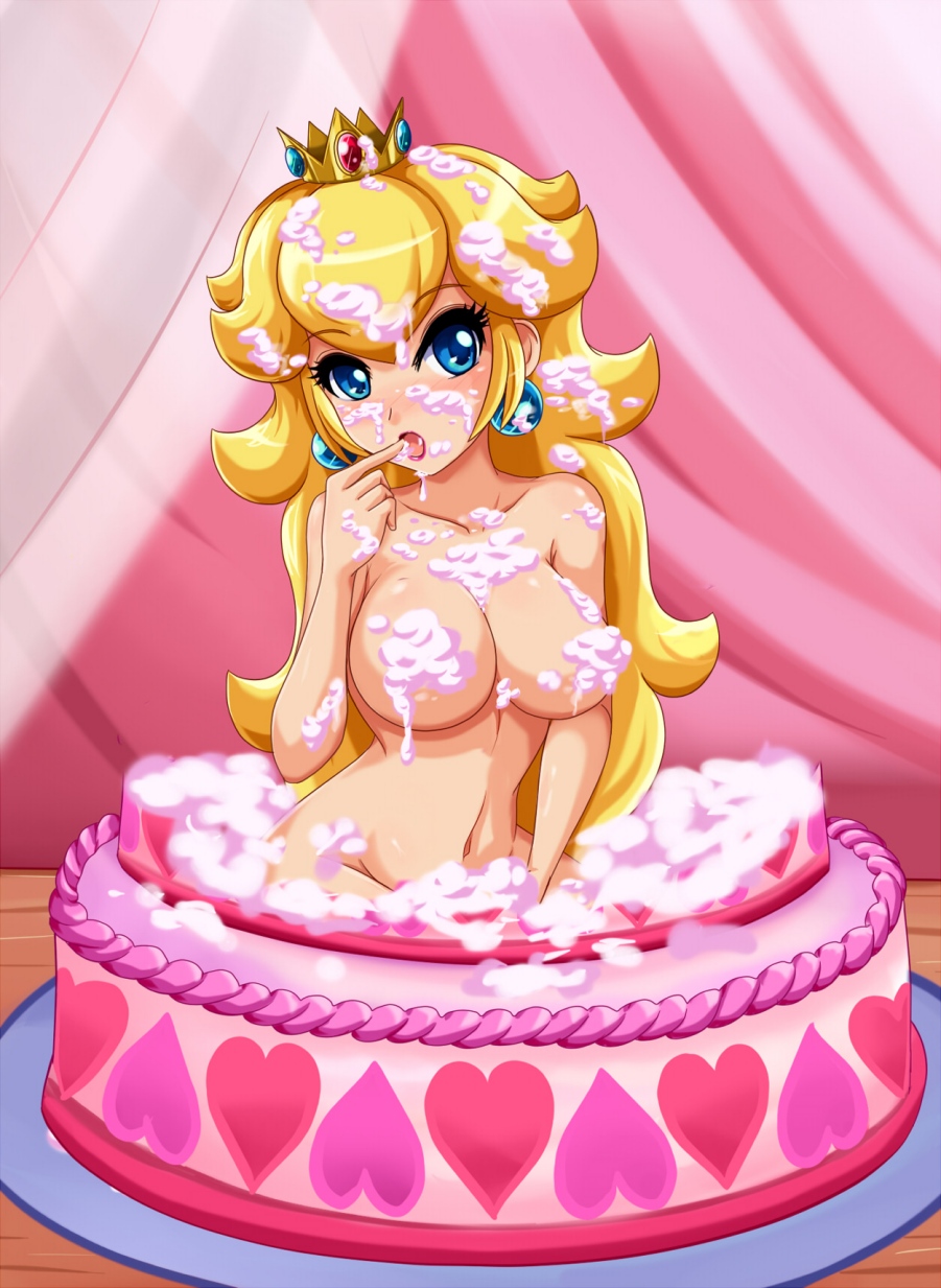 1girls bad_censor big_breasts blonde_hair blue_eyes blush breasts busty cake covering crown earrings huge_breasts mario_(series) navel nintendo open_mouth princess_peach sigurdhosenfeld