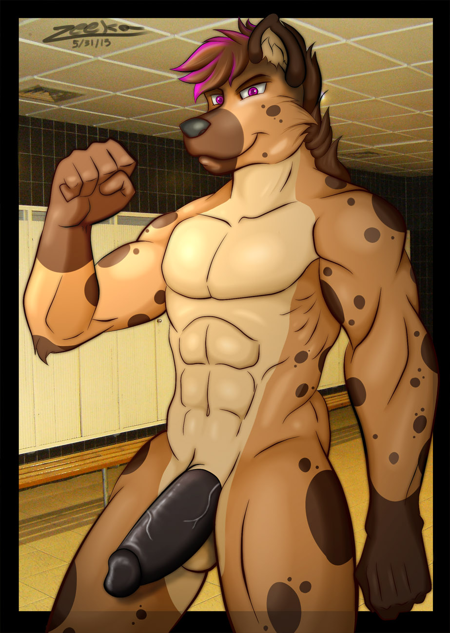 abs anthro balls biceps big big_penis black_nose black_penis body_markings brown_fur brown_hair erection flexing fur furry grin hair huge_cock hyena locker_room male male_only markings muscles no_humans nude pecs penis pink_eyes pink_hair pose presenting public sheath smile solo spots standing tan_fur thick thick_penis toned vein zeeka