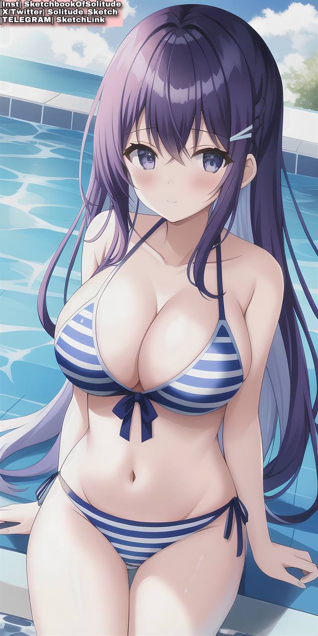 ai_generated ai_hands anime anime_style big_breasts big_breasts bra breasts breasts female female_human female_only girl girls long_hair only_female only_girl panties purple_eyes purple_hair soli_sketch striped_bra striped_clothing striped_panties