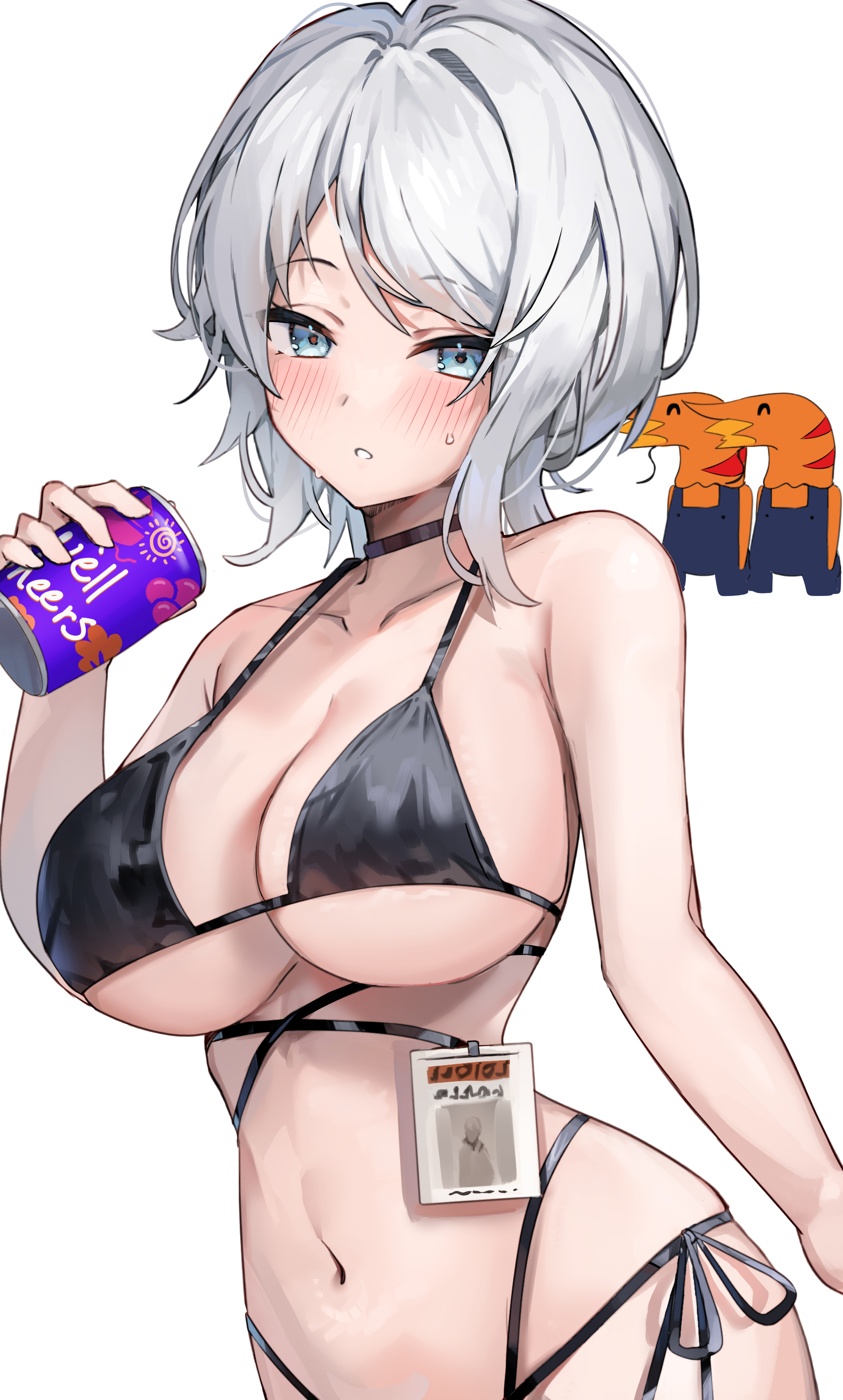 1girls, big breasts, blue eyes, blush, breasts, faust (limbus company), female, limbus company, looking at viewer, project moon, short hair, soda, soda can, sweat, underwear, white hair
