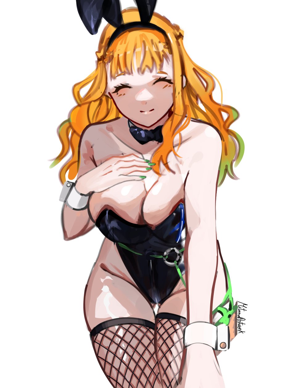1girls, black clover, bunny costume, bunny ears, bunnysuit, female, female only, fishnets, ginger, green eyes, leotard, mimosa vermillion, mitana, orange hair, thighhighs