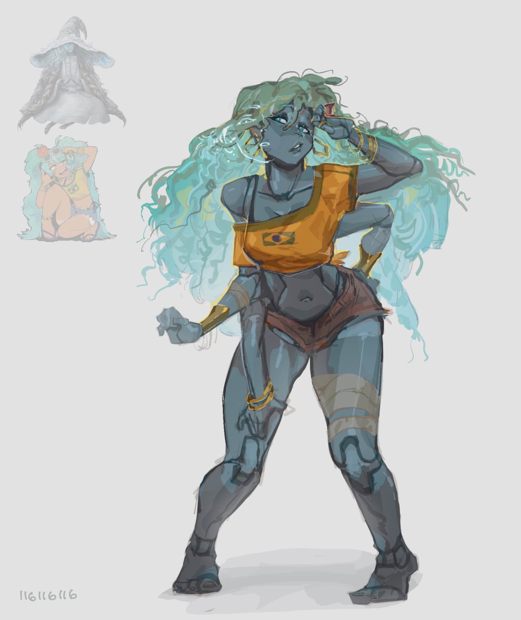 116116116, 1girl, 1girls, barefoot, blue eyes, bracelet, brazil, brazilian, brazilian female, brazilian flag, brazilian miku, breasts, cleavage, colored skin, cosplay, crop top, cropped shirt, earrings, elden ring, extra arms, extra faces, female, female only, fromsoftware, full body, green hair, hand on hip, hatsune miku, jewelry, joints, long hair, looking at viewer, meme, midriff, navel, parted lips, ranni the witch, reference image, reference inset, shirt, short shorts, shorts, simple background, standing, thick thighs, vocaloid, white background, witch hat