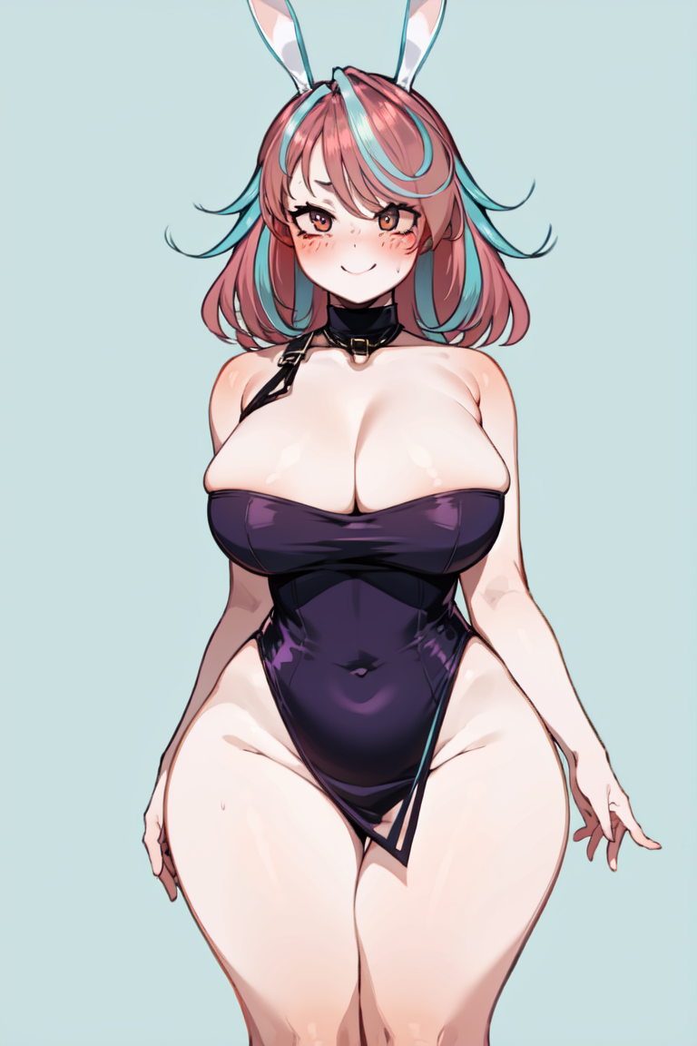 ai_generated bunnysuit emikukis huge_breasts multicolored_hair ricochetk smile virtual_youtuber vtuber wide_hips