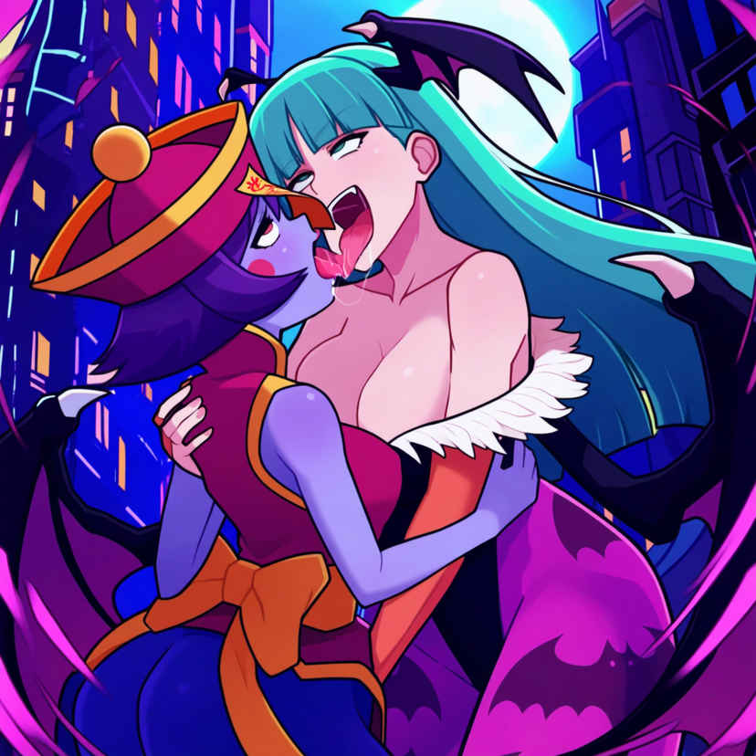 ahe_gao ai_generated darkstalkers french_kissing hsien_ko kissing lei-lei lei_lei morrigan_aensland powerhouserift succubus tongue_kiss tongue_touching_another's_tongue tongues_touching yuri