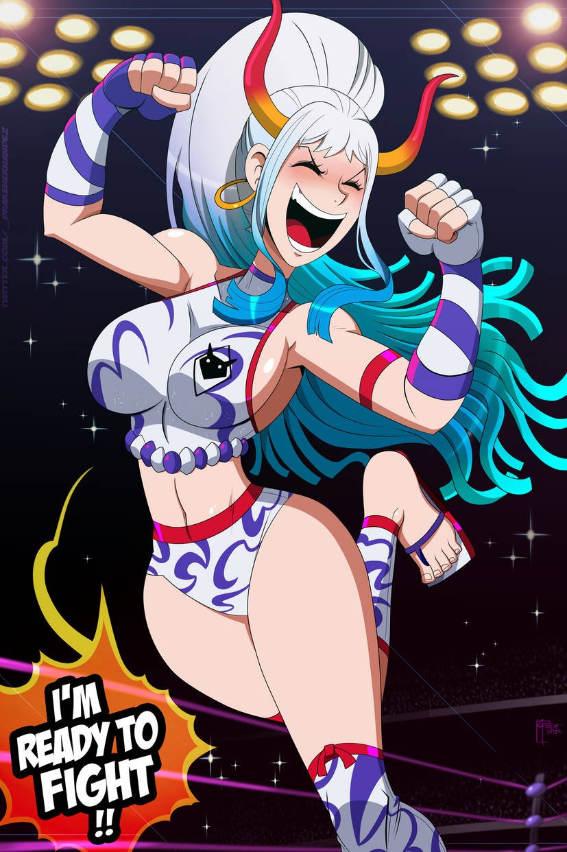 bad_anatomy bare_arms bare_legs bare_shoulders bare_thighs big_breasts blush clothed clothing color english_text female female_focus female_only fingerless_gloves great_dude hi_res horns large_breasts long_hair one_piece open_mouth shounen_jump tagme text text_bubble thick_thighs white_hair wrestling wrestling_ring yamato_(one_piece)