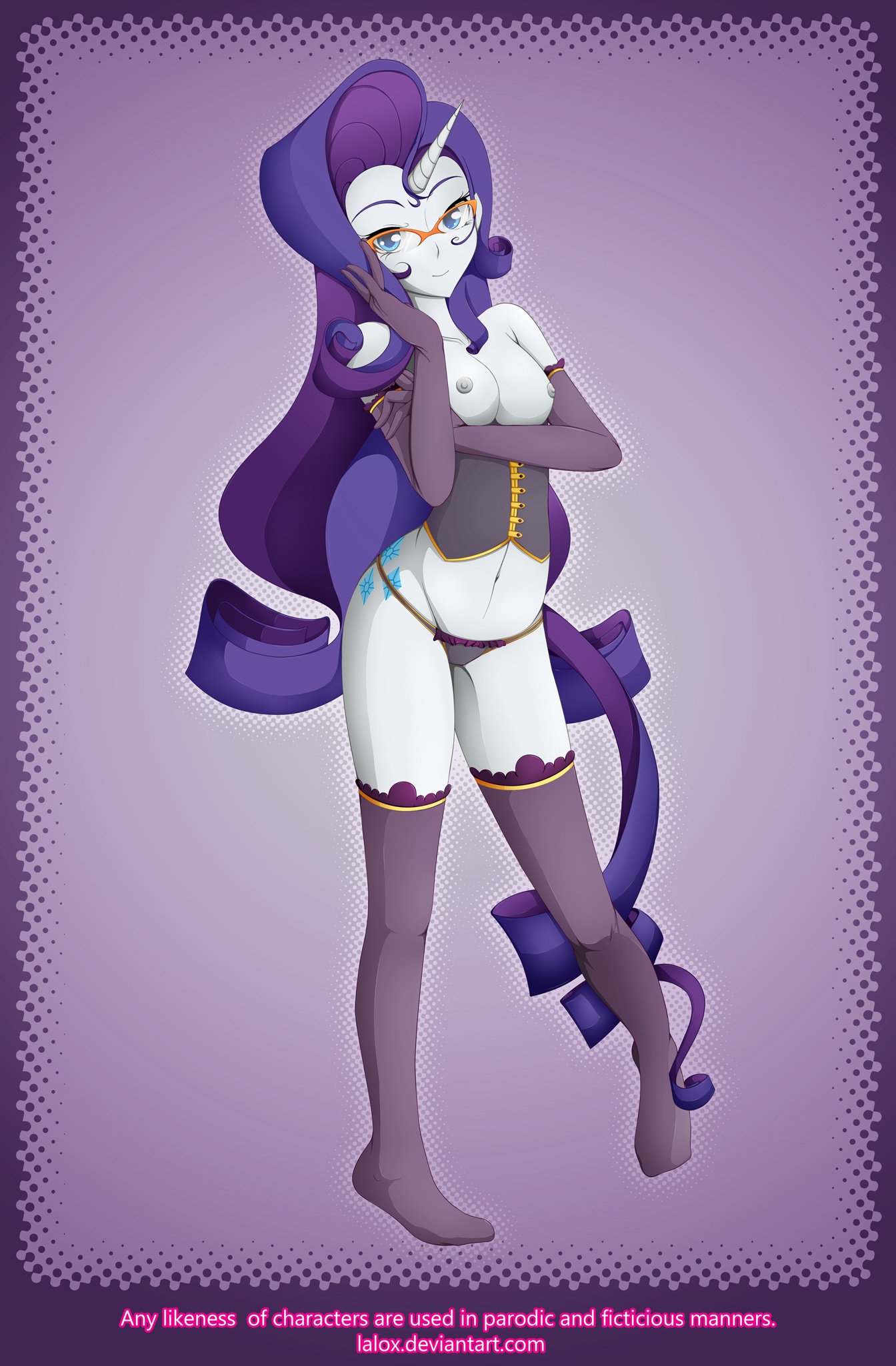 anthro, bare shoulders, blue eyes, breasts, breasts out, corset, cutie mark, elbow gloves, female, friendship is magic, glasses, gloves, horn, human, humanized, lalox, my little pony, navel, nipples, panties, purple hair, rarity (mlp), smooth skin, solo, tail, thighhighs, white skin