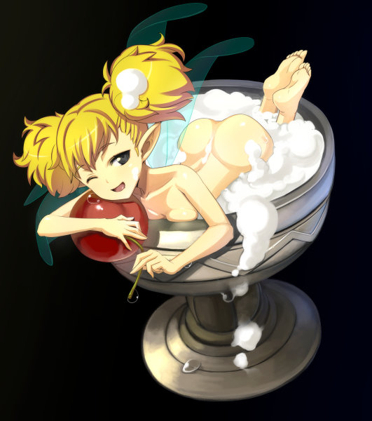 1girls barefoot blonde_hair breasts cherry cup dragon's_crown drunk fairy fairy_wings feet female foam food fruit girl_in_a_cup holding nude one_eye_closed partially_submerged pointy_ears solo tiki_(dragon's_crown) wink