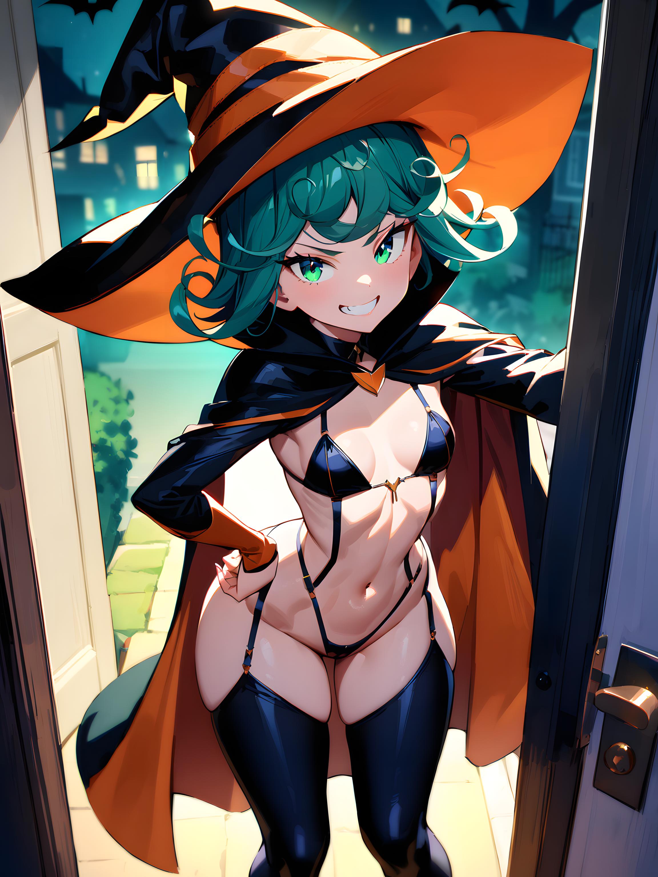 1girls, ai generated, belly, belly button, breasts, cloak, costume, curly hair, curvy hips, detached sleeves, door, doorway, eyelashes, female, female only, g-string, garter straps, green eyes, green hair, grin, grinning at viewer, hand on hip, house, legs, legwear, light skin, light-skinned female, looking at viewer, micro bikini, narrow waist, navel, night, one-punch man, open eyes, outdoors, pale skin, pale-skinned female, petite body, petite female, revealing clothes, ribs, short hair, slim, slim waist, small breasts, smug grin, solo, solo female, standing, stockings, stomach, tatsumaki, thick thighs, thigh gap, thighhighs, thighs, thong, trick or treat, white skin, witch hat