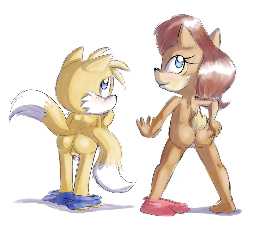 anthro anthrofied anus ass balls blue_eyes bluechika blush canine chipmunk clothes fox fur furry_tail hair looking_back multiple_tails nude pants pants_down penis presenting presenting_hindquarters pussy red_hair rodent sally_acorn sega sonic_(series) standing tail tails