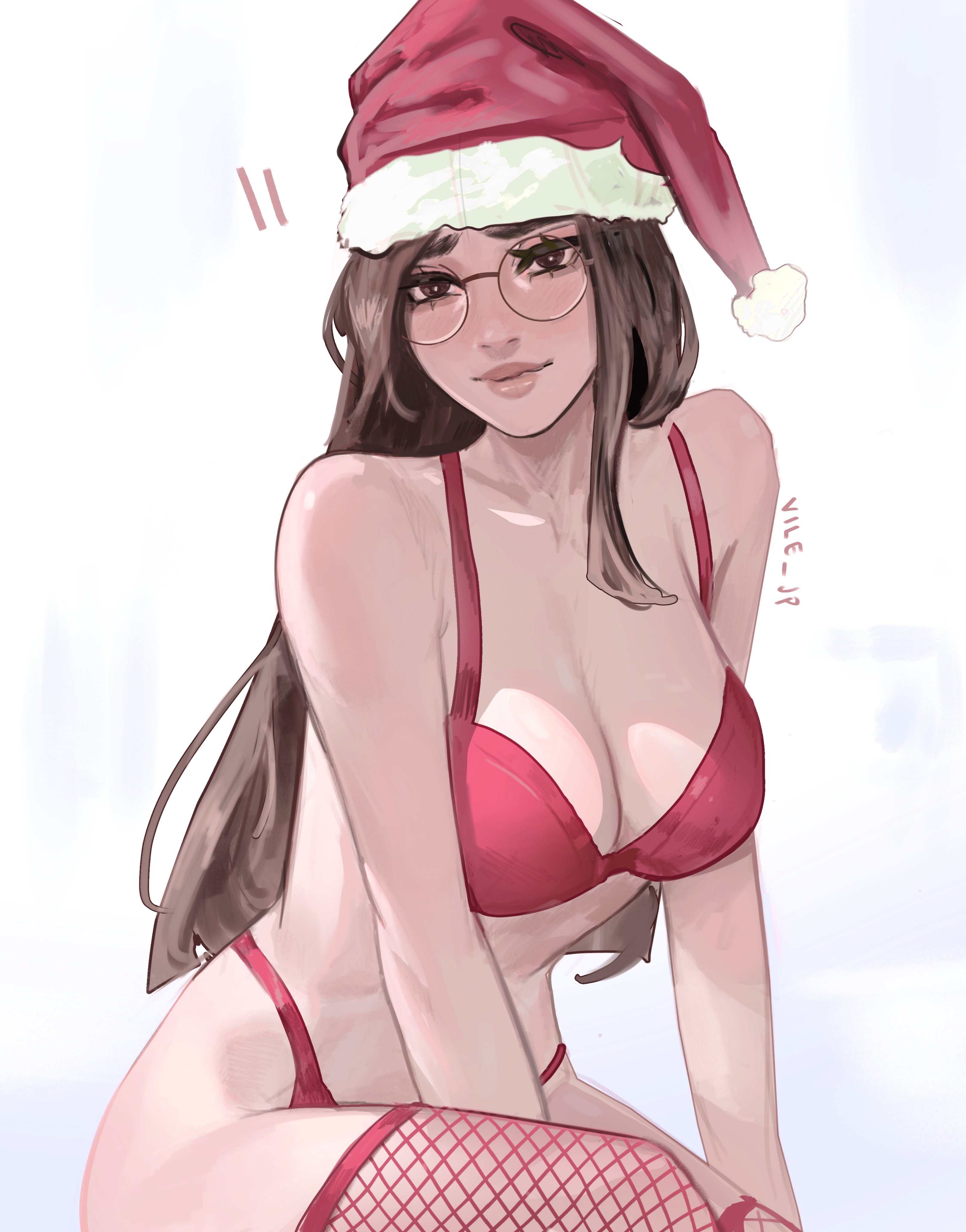 1girls, breasts, brown eyes, brown hair, christmas, female, fishnet legwear, glasses, holidays, killjoy (valorant), light skin, light-skinned female, long hair, looking at viewer, santa hat, sitting, valorant, vile jp