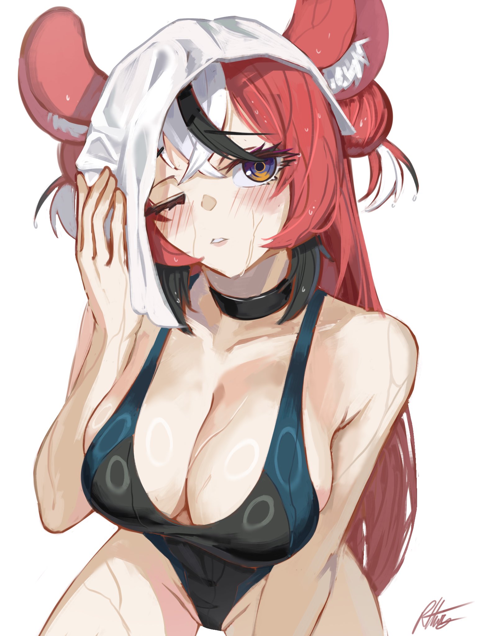 1girls, 2d, 2d (artwork), alternate costume, animal ears, big breasts, black hair, blush, breasts, cleavage, female, female focus, female only, front view, hakos baelz, high resolution, highres, hololive, hololive english, hololive english -council-, hololive english -promise-, hourglass figure, light skin, light-skinned female, long hair, looking at viewer, multicolored hair, one eye closed, one-piece swimsuit, radicalhighway, rat ears, rat girl, red hair, simple background, solo, solo female, swimsuit, towel, towel on head, virtual youtuber, voluptuous, voluptuous female, vtuber, vtuberfanart, wet, wet body, white background, white hair, young, younger female