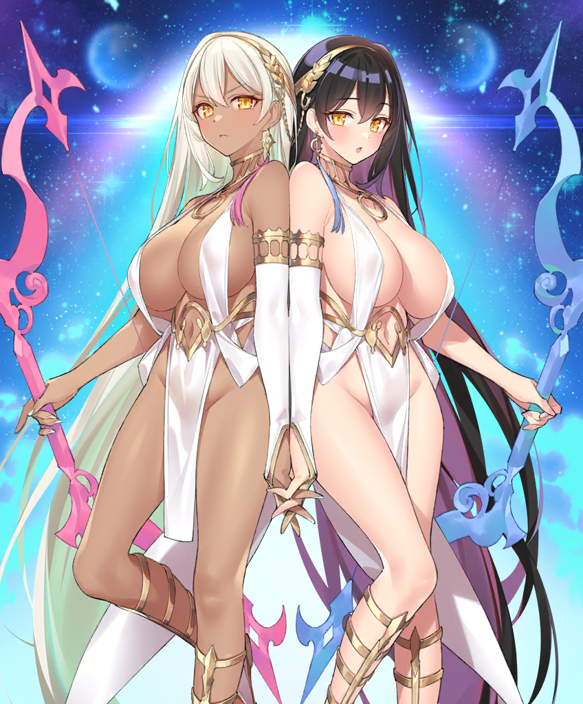 2girls :o absurdly_long_hair apollo_(evertale)_(character) artemis_(evertale) back-to-back bare_shoulders black_hair blush bow_(weapon) breasts bridal_gauntlets center_opening closed_mouth clothing_cutout cloud contrast covered_erect_nipples dangle_earrings dark-skinned_female dark_skin earrings evertale female female_only frown fully_clothed gold gold_hairband gold_trim groin hair_between_eyes hairband holding holding_bow_(weapon) holding_hands holding_weapon huge_breasts jewelry laurel_crown lens_flare light_particles long_hair looking_at_viewer multiple_girls navel navel_cutout no_panties official_art pelvic_curtain planet popqn revealing_clothes sandals shiny_skin siblings sisters sky space standing standing_on_one_leg star_(sky) starry_sky twins v-shaped_eyebrows very_long_hair weapon white_bridal_gauntlets white_hair white_nails yellow_eyes