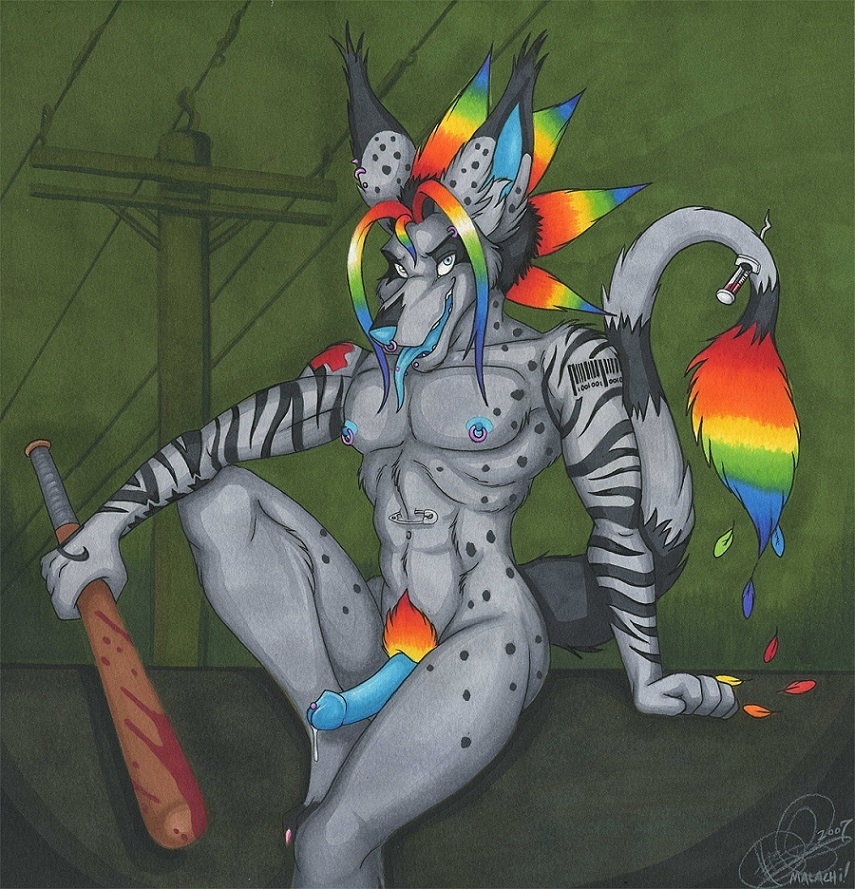 anthro barcode barcode_tattoo baseball_bat erection furry looking_at_viewer malachi male male_only mohawk nipples penis piercing precum rainbow solo spots stripes syringe sysko tattoo weapon