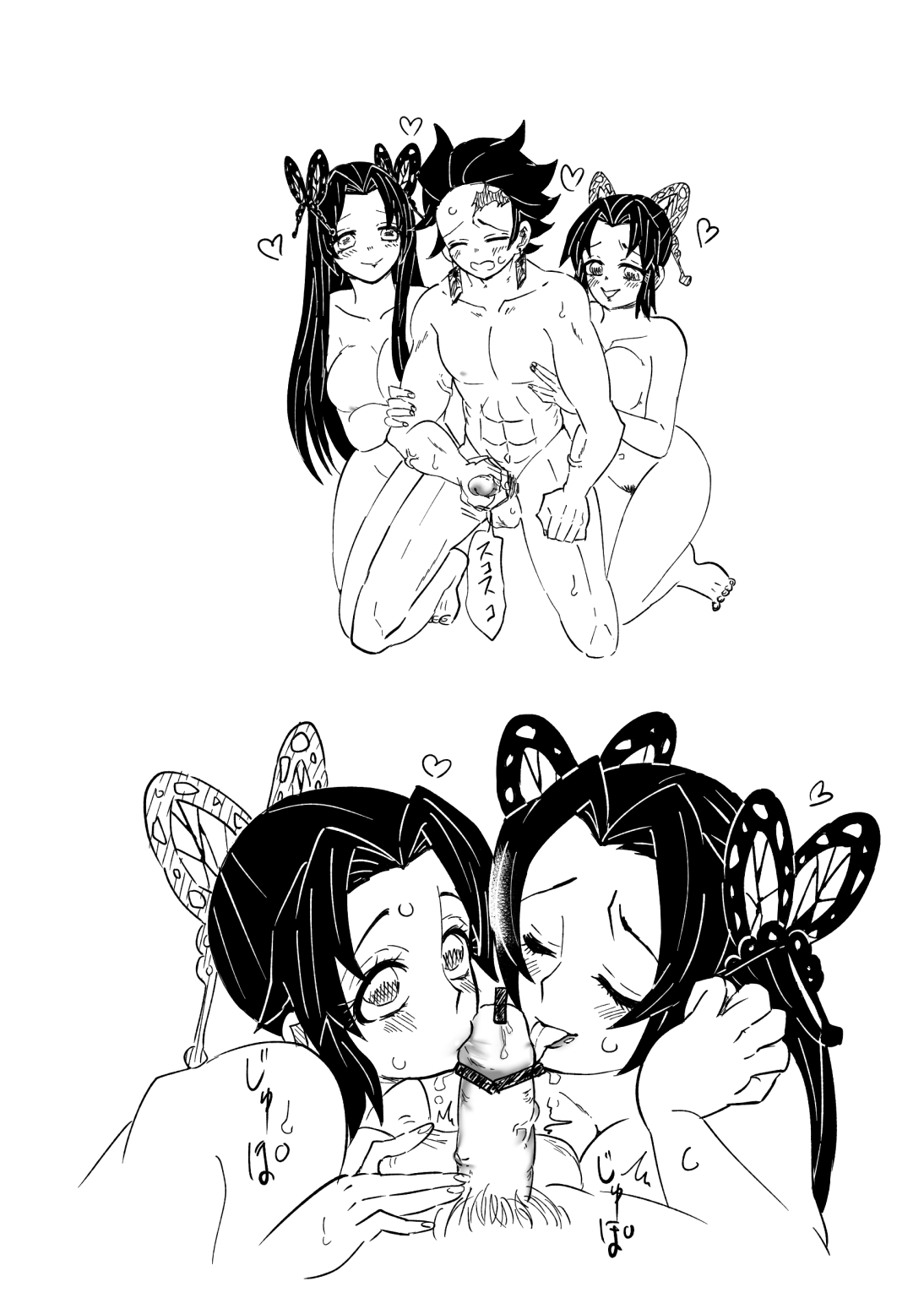 1boy, 2girls, abs, black and white, blowjob, breast press, breasts, butterfly hair ornament, collaborative fellatio, demon slayer, double blowjob, earrings, fellatio, female, kamado tanjirou, kimetsu no yaiba, kochou kanae, kochou shinobu, male, multiple females, multiple girls, older female, pubic hair, siblings, teamwork, younger male