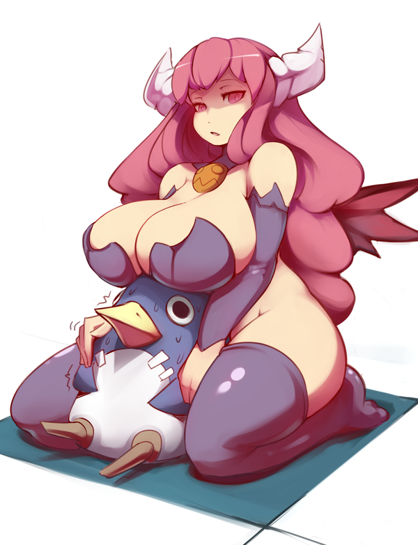 1boy 1girls avian breasts breasts_on_head chubby clothed demon disgaea female grab horn huge_breasts kneeling larger_female nippon_ichi nude prinny scared size_difference straight succubus succubus_(disgaea) sweat thick_thighs trembling wide_hips wings zako_(arvinry)