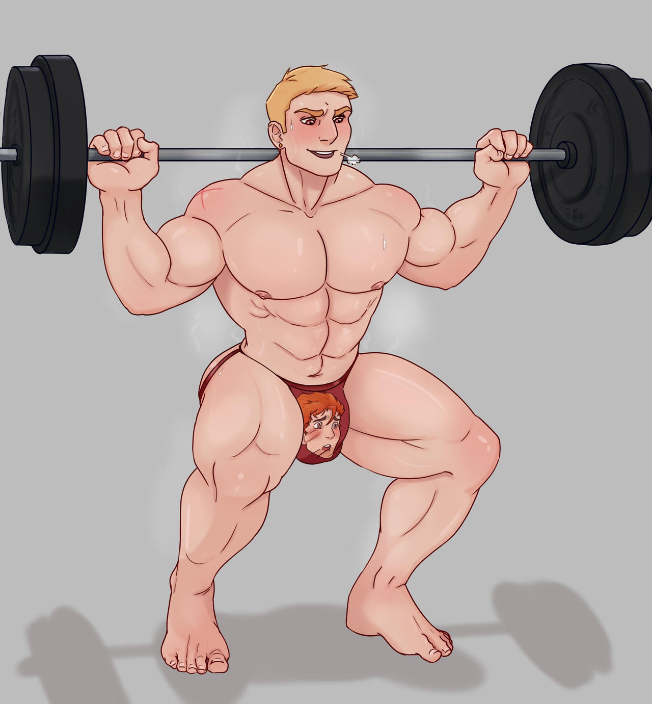 barbell exercise jockstrap_only living_underwear male_only marmotap muscular_male musk officer_dare original_characters squats sweaty