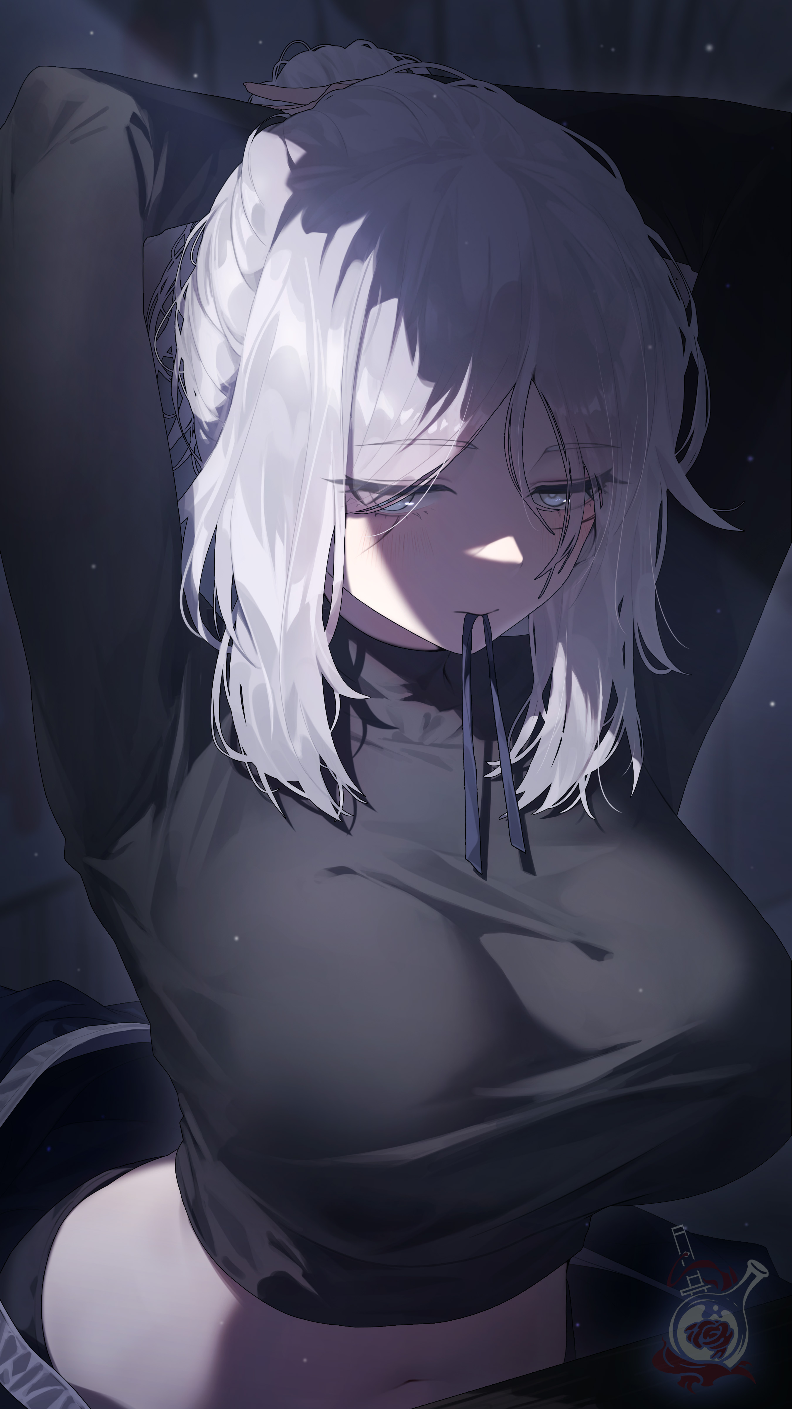 1girls, big breasts, blue eyes, blush, breasts, clothing, faust (limbus company), female, hair bun, limbus company, medium hair, project moon, shirt, short hair, skimpy, smile, white hair