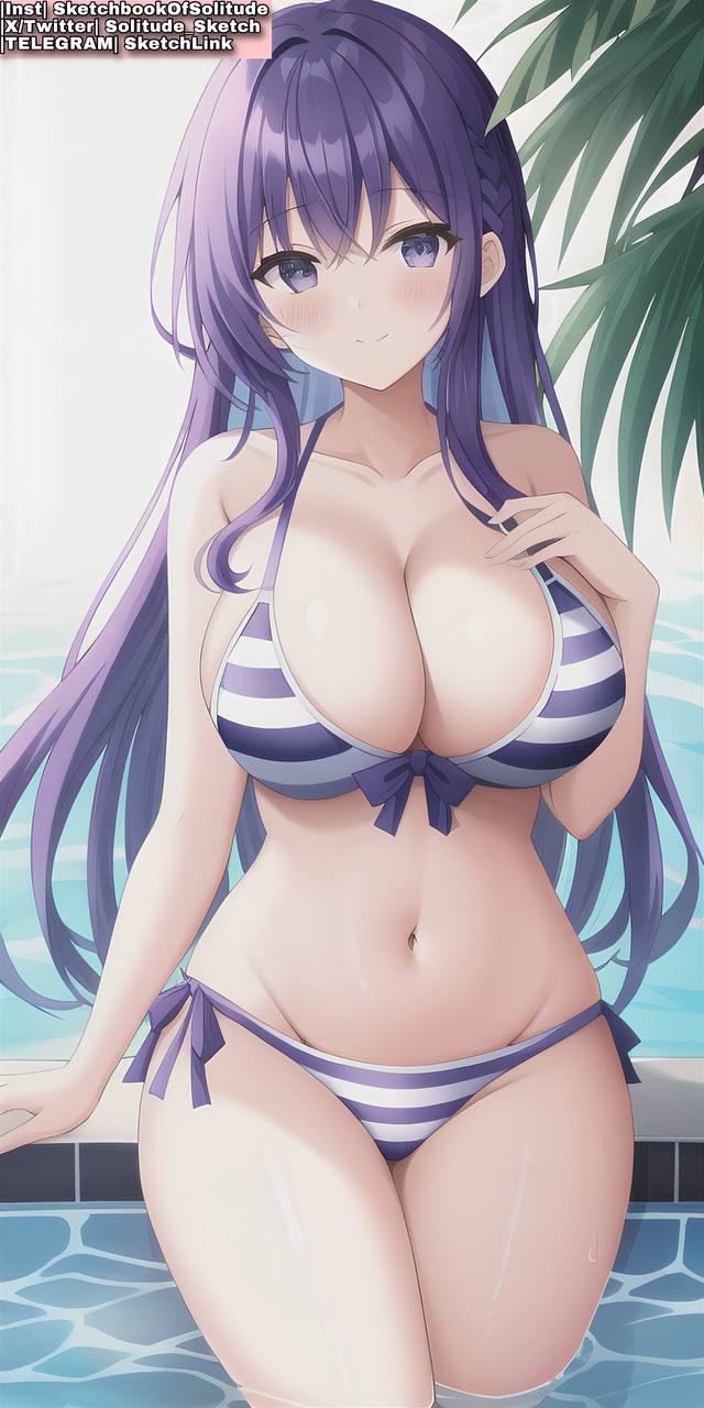 ai_generated ai_hands anime anime_style big_breasts bra breasts female female_human female_only girl girls long_hair only_female only_girl panties purple_eyes purple_hair soli_sketch striped_bra striped_clothing striped_panties