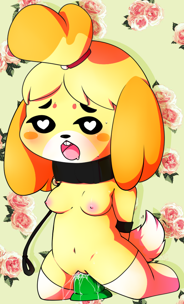 2013 animal_crossing anthro arms_behind_back bdsm blush bondage bound breasts canine collar dildo dog drooling female female_only flower_background fur furry green_dildo heart-shaped_pupils isabelle_(animal_crossing) kneeling leash lovelesskiax mammal nintendo nipples nude open_mouth pussy sex_toy slave small_breasts solo stockings tail