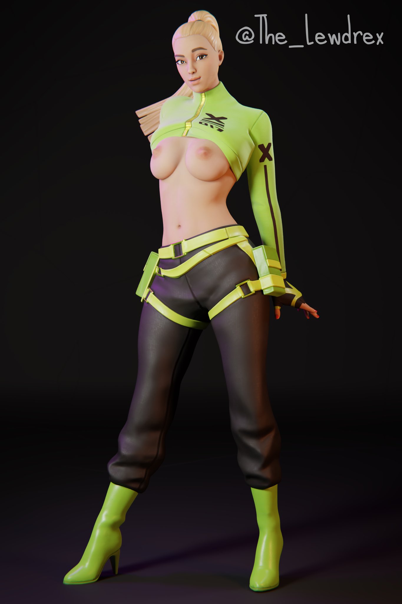 1girls 2020 3d 3d_(artwork) alien areolae blender blonde_hair bottomwear breasts clothed clothing epic_games fortnite fortnite:_battle_royale hand_on_hip hand_on_waist high_heels highres jacket kyra_(fortnite) lewdrex light-skinned_female light_skin long_hair looking_at_viewer medium_breasts nipples pants ponytail pose posing presenting presenting_breasts simple_background standing watermark