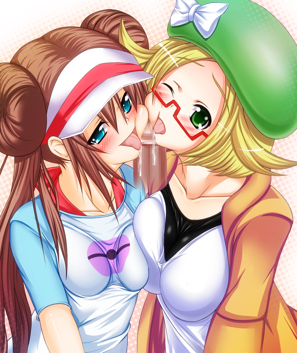 2girls assistant_pokemon_professor bianca_(pokemon) blonde_hair blue_eyes blush bow brown_hair censored disembodied_penis double_bun double_facejob facejob female glasses green_eyes hat human nintendo penis penis_between_faces penis_on_cheek pokemon pokemon_bw2 rosa_(pokemon) sho2 tongue visor_cap