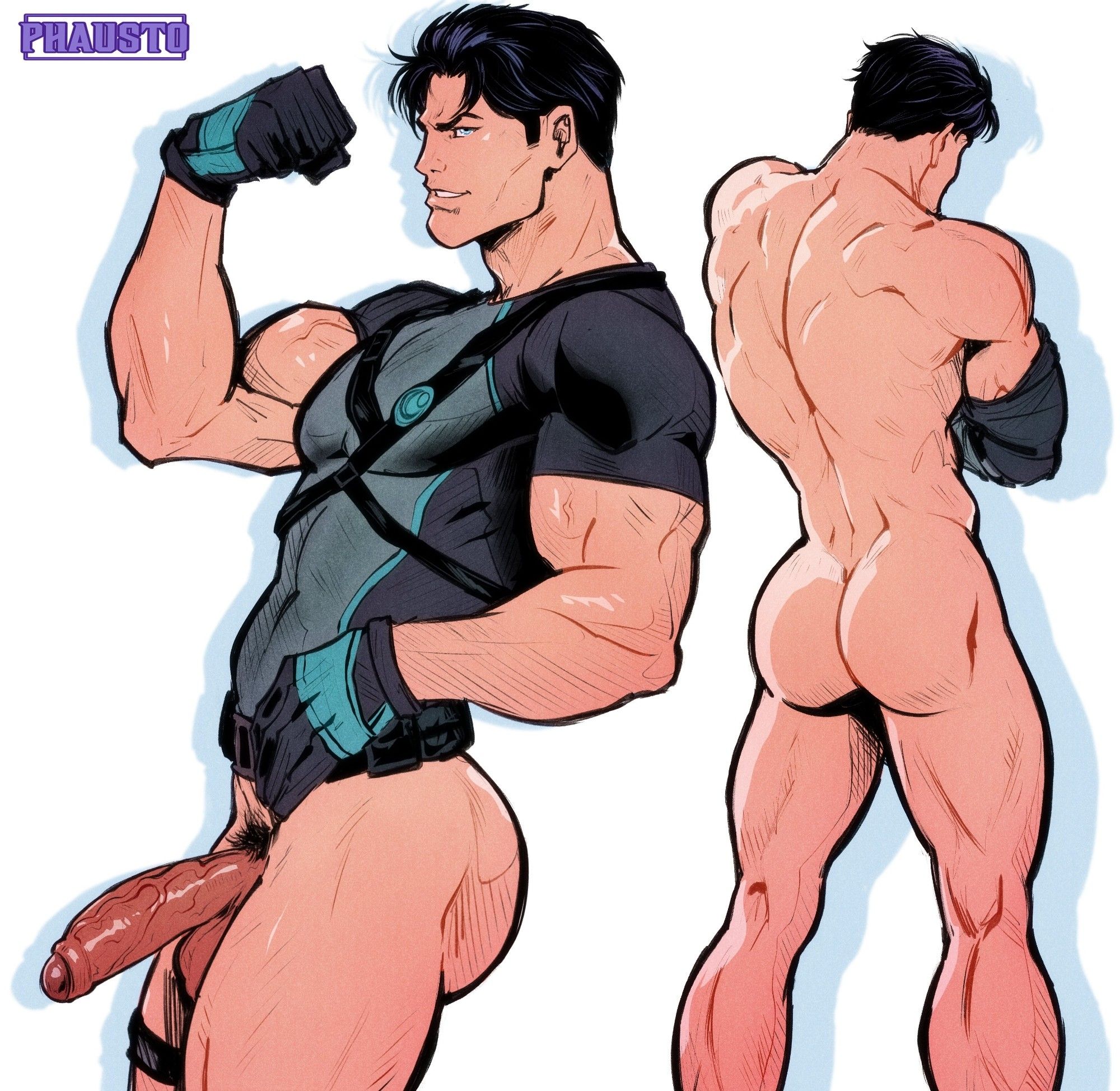 1boy, artist name, ass, back view, balls, batman (series), big penis, black hair, bottomless, caucasian, dark hair, dc, dc comics, dick grayson, foreskin, gloves, male, male focus, male only, muscular, muscular male, nightwing, partially retracted foreskin, penis, phausto, pubic hair, retracted foreskin, solo, solo focus, solo male, uncircumcised, veiny penis, white background