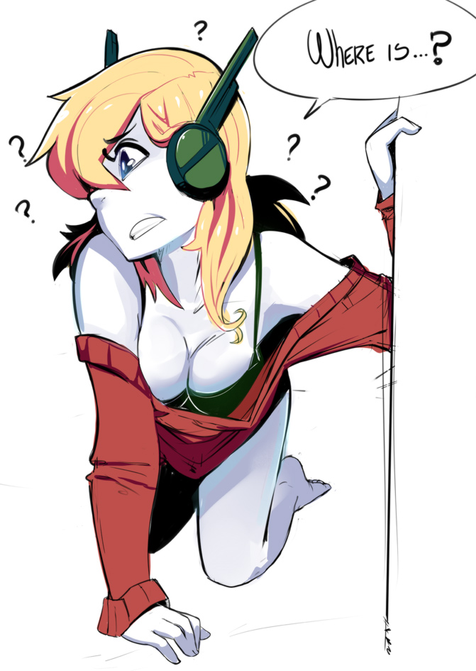 bare shoulders, bent over, blonde hair, bra, breasts, cave story, cleavage, curly brace, female, green eyes, partially dressed, sho-n-d