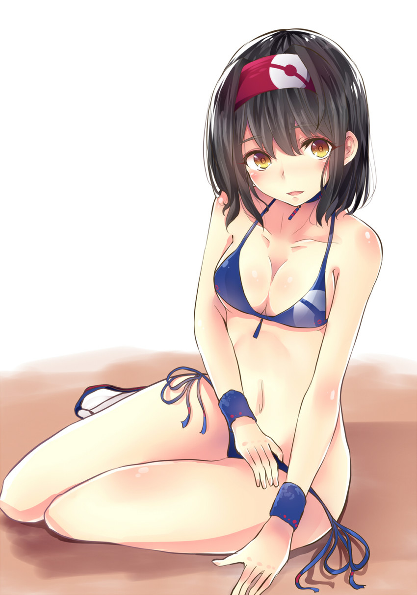 bare_arms bare_belly bare_legs bare_shoulders bare_thighs belly_button bikini black_hair blue_bikini blush body_blush breasts choker cleavage collarbone e-co erika_(pokemon) feet flip_flops hairband medium_breasts open_mouth pokemon red_hairband sandals shiny_skin short_hair side-tie_bikini_bottom sitting smile socks thighs white_socks wristband yellow_eyes