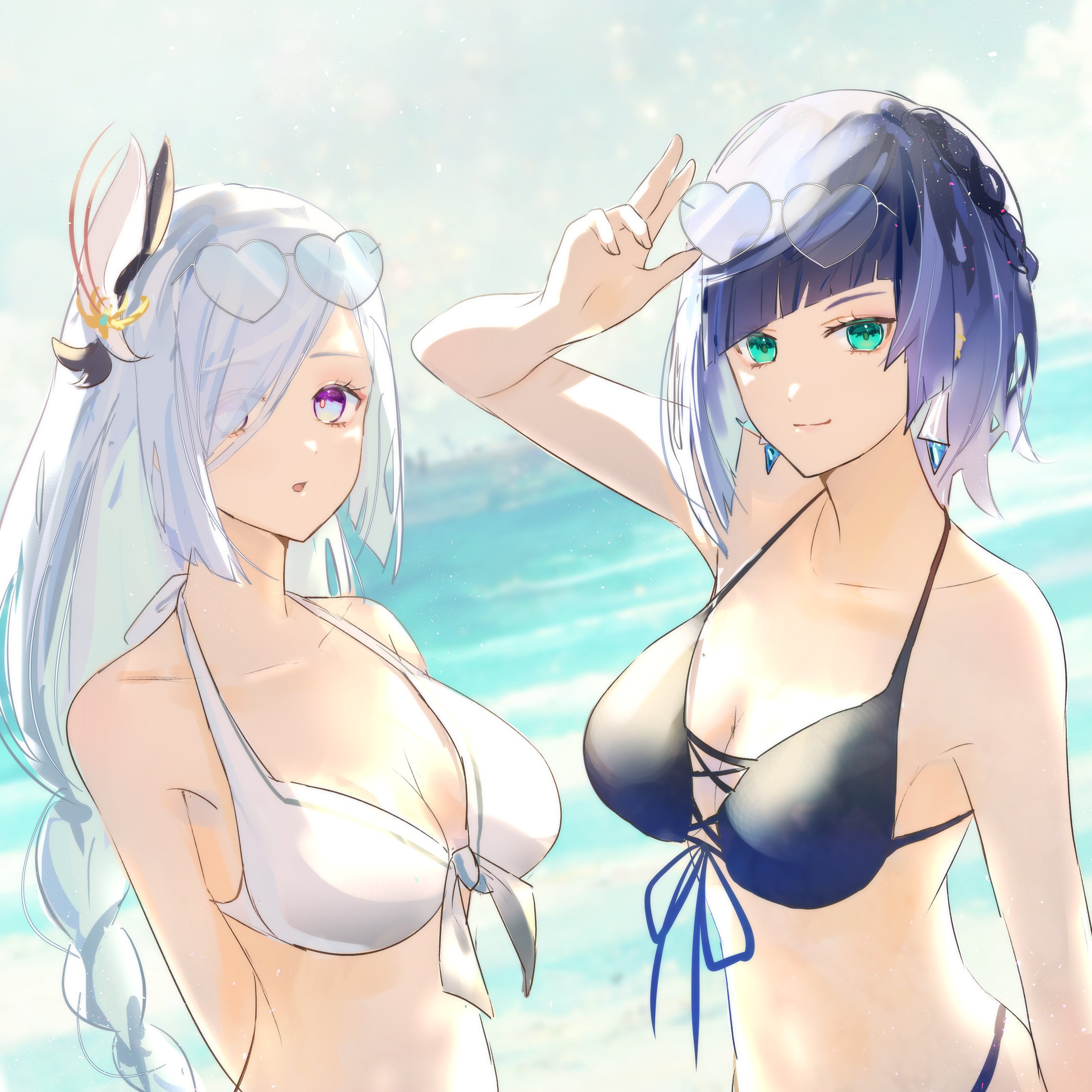2girls, arms behind back, big breasts, bikini, blue hair, braided hair, breasts, cleavage, clouds, day, female, female focus, female only, fuunooo, genshin impact, hair over one eye, high resolution, highres, hourglass figure, hoyoverse, light skin, light-skinned female, long hair, looking at viewer, mature, mature female, ocean, outdoors, shenhe (genshin impact), short hair, sky, smile, smiling at viewer, standing, summer, sunglasses, sunglasses on head, swimsuit, two-tone hair, white hair, yelan (genshin impact)