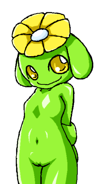 anthro color eyes female female_only front_view green_skin nintendo nudity open_eyes pokemon pussy skin skiploom solo standing unknown_artist video_games vulva yellow_eyes