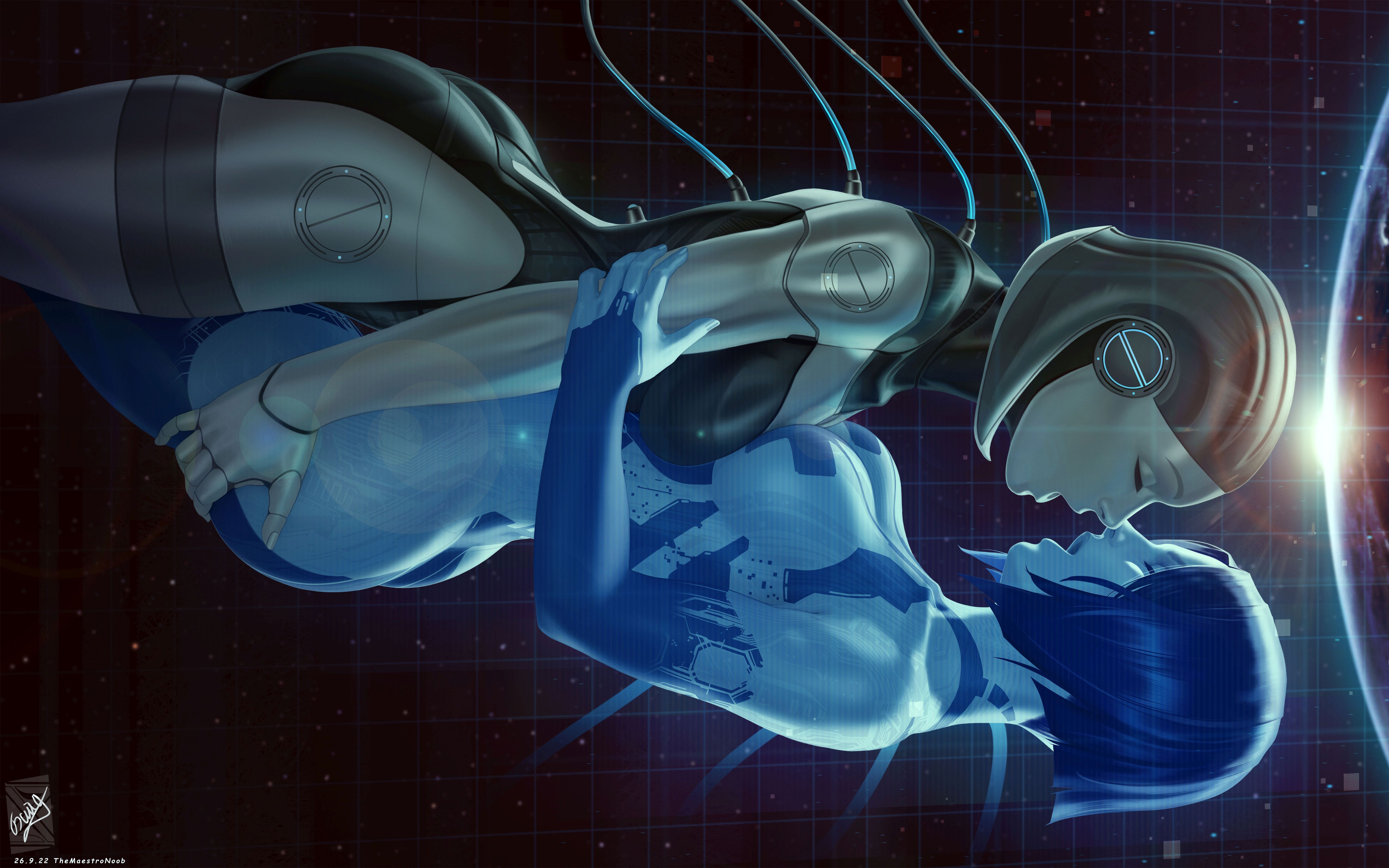2girls, ass, blue hair, blue skin, breasts, cortana, crossover, duo, edi, female, grabbing ass, grey hair, grey skin, halo (series), hi res, highres, mass effect, multiple females, multiple girls, themaestronoob, yuri