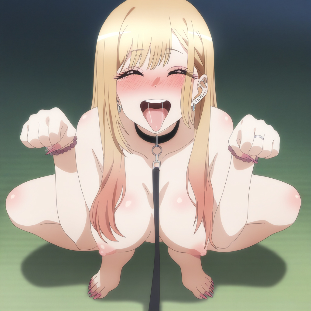 1girls, ai generated, big breasts, blonde hair, blush, breasts, female, female only, happy sub, human, kitagawa marin, leash and collar, light skin, light-skinned female, paw pose, solo, sono bisque doll wa koi wo suru, squatting, submissive female, tongue, tongue out