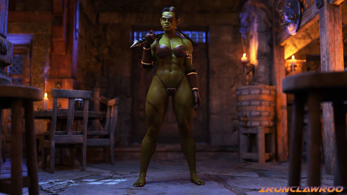 1girls 3d abs bikini black_hair eyepatch green_skin green_skinned_female ironclawroo orc orc_female original urzaha_(ironclawroo)