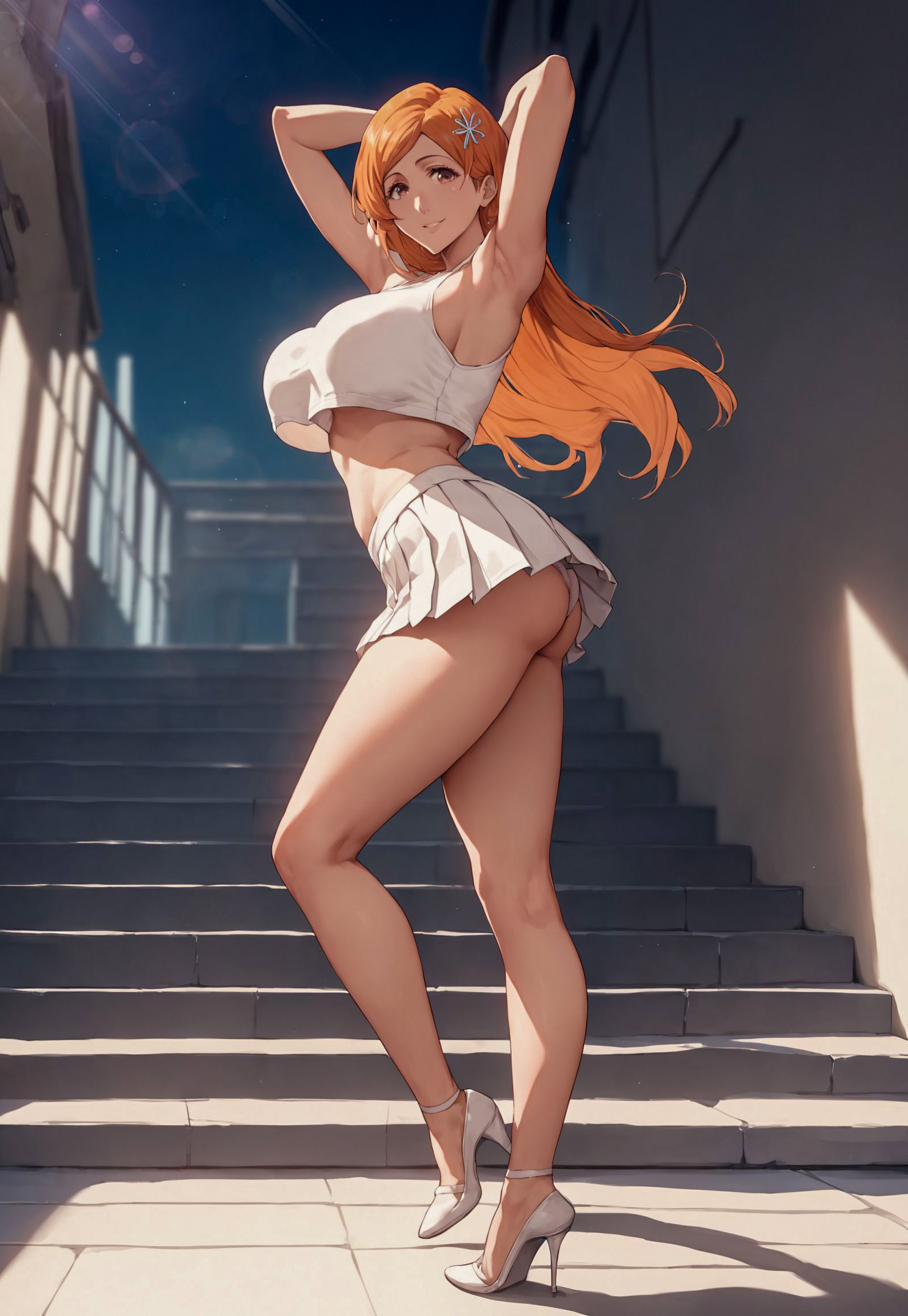 1girls, ai generated, alex-schura, alley, alternate costume, arms behind head, arms up, ass, ass focus, bare ass, bare shoulders, bare thighs, big breasts, bleach, bleach: the thousand-year blood war, blush, breasts, brown eyes, bubble ass, bubble butt, crop top, curvaceous, curvy, curvy body, curvy female, curvy figure, female, flower, flower hair ornament, full body, g-string, hair ornament, hairpin, hanging breasts, heels, high heels, hourglass figure, huge breasts, inoue orihime, large breasts, long hair, looking at viewer, looking back, looking back at viewer, midriff, miniskirt, mommy, nai diffusion, no bra, oppai, orange hair, outdoors, panties, pinup, presenting, presenting ass, presenting hindquarters, revealing clothes, sagging breasts, shirt, skimpy, skimpy clothes, skirt, sleeveless, sleeveless shirt, solo, stable diffusion, stairs, teenage female, teenager, thick ass, thick thighs, thighs, underass, underboob, very long hair, voluptuous