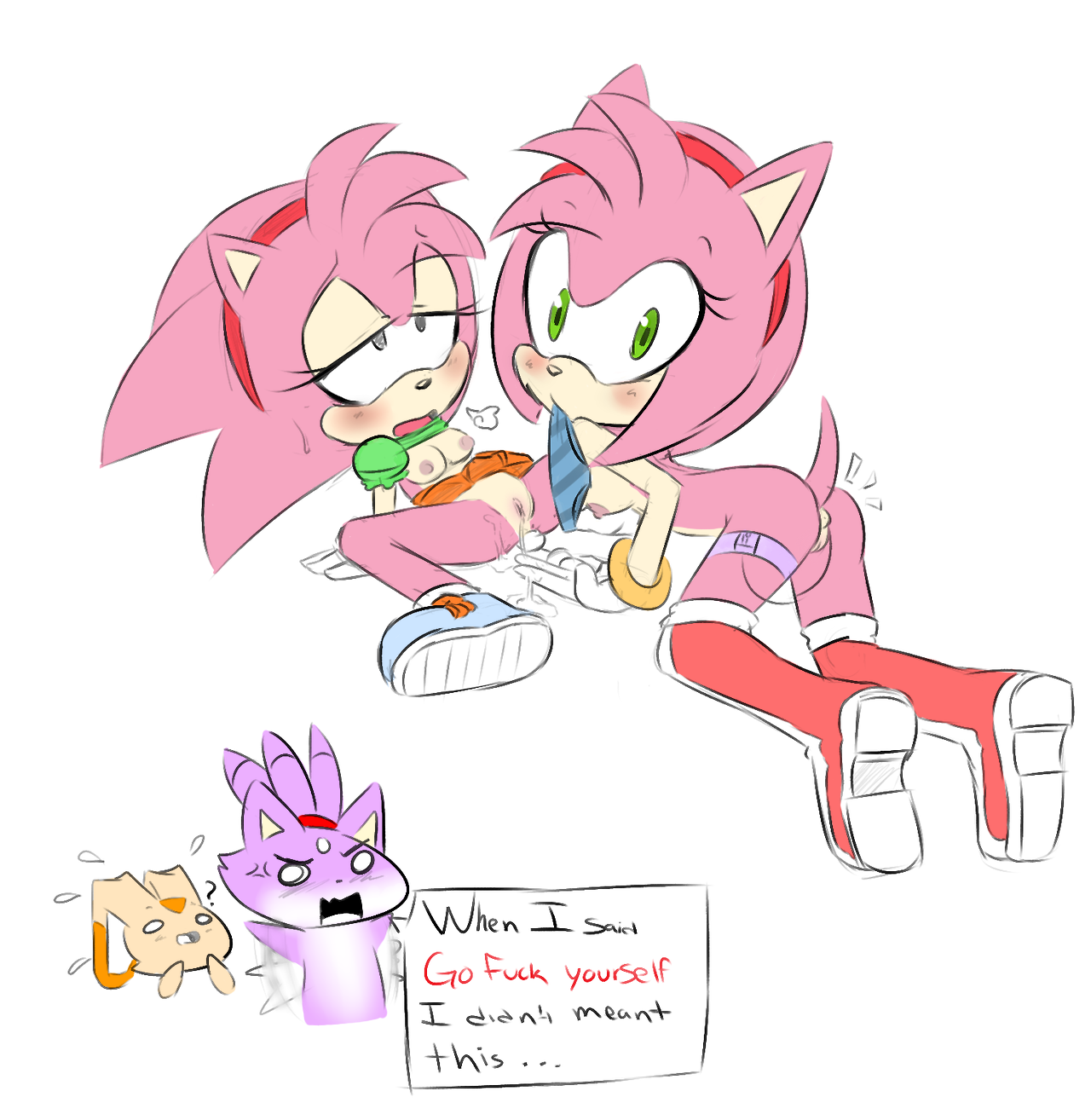amy rose, anthro, anus, ass, blaze the cat, blush, breasts, clothing, color, cream the rabbit, cum, dialogue, digital media (artwork), english text, feline, female, fingering, green eyes, hair, hearlesssoul, hedgehog, lagomorph, looking at viewer, nude, orange fur, orgasm, panties, pink fur, pink hair, ponytail, purple fur, pussy, rabbit, sega, selfcest, sex, sonic (series), sonic the hedgehog (series), tan fur, text, tied hair, uncensored, underwear, vaginal penetration, young, yuri