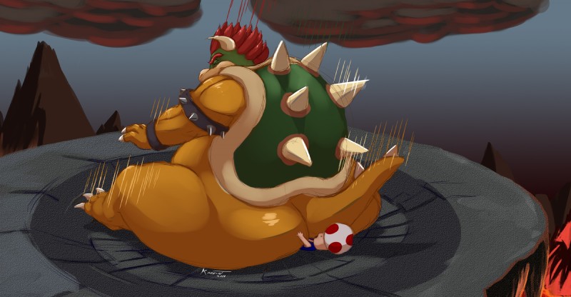 2012 ambiguous_gender anthro ass big_ass bowser claws closed_eyes clothes cloud fire green_shell ground_pound hair horn horns kazecat king koopa lying male male_only mario_(series) mountain mushroom nintendo nude on_top open_mouth overweight raised_arm royalty scalie shell sitting spikes spiky_shell spread_legs spreading super_mario_bros. toad_(mario) turtle vest wristband