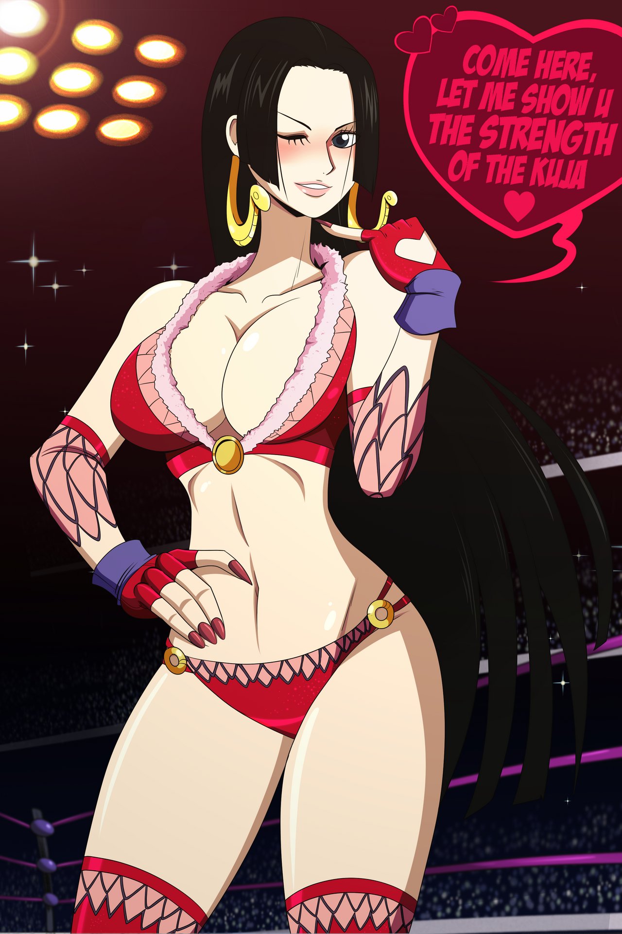 bare_arms bare_legs bare_shoulders bare_thighs big_breasts black_hair blue_eyes blush boa_hancock clothed clothing color english_text female female_focus female_only fingerless_gloves great_dude hi_res large_breasts long_hair looking_at_viewer one_piece shounen_jump tagme text text_bubble thick_thighs wrestling wrestling_ring