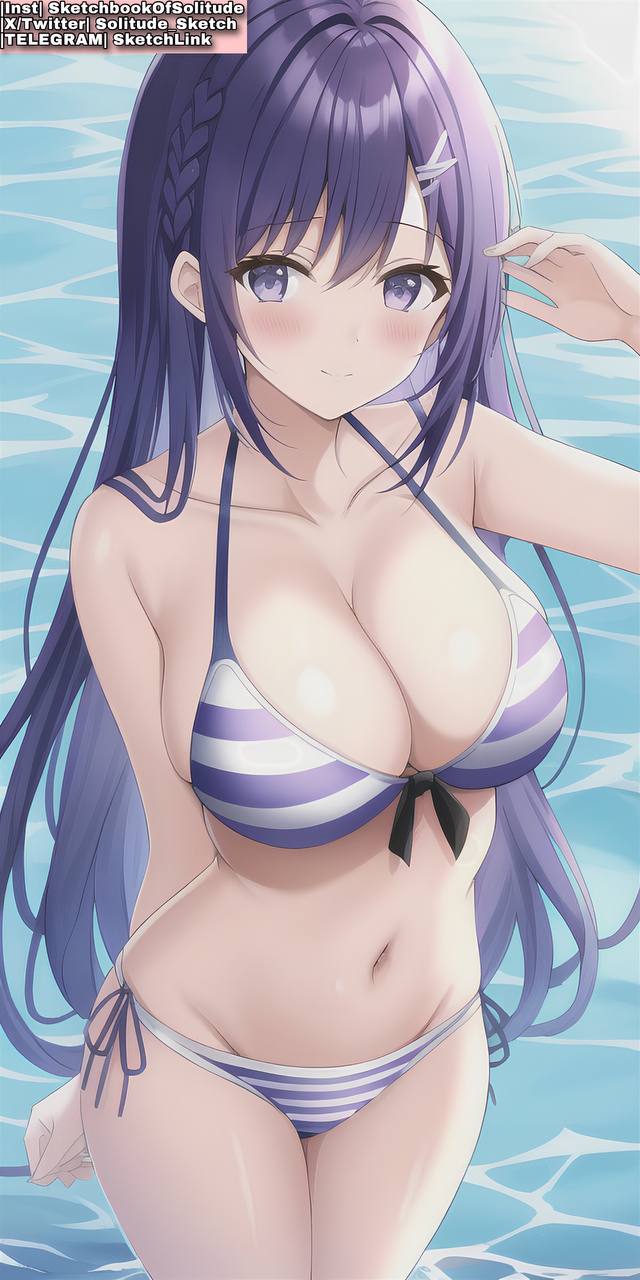 ai_generated ai_hands anime anime_style big_breasts bra breasts female female_human female_only girl girls long_hair only_female only_girl panties purple_eyes purple_hair soli_sketch striped_bra striped_clothing striped_panties